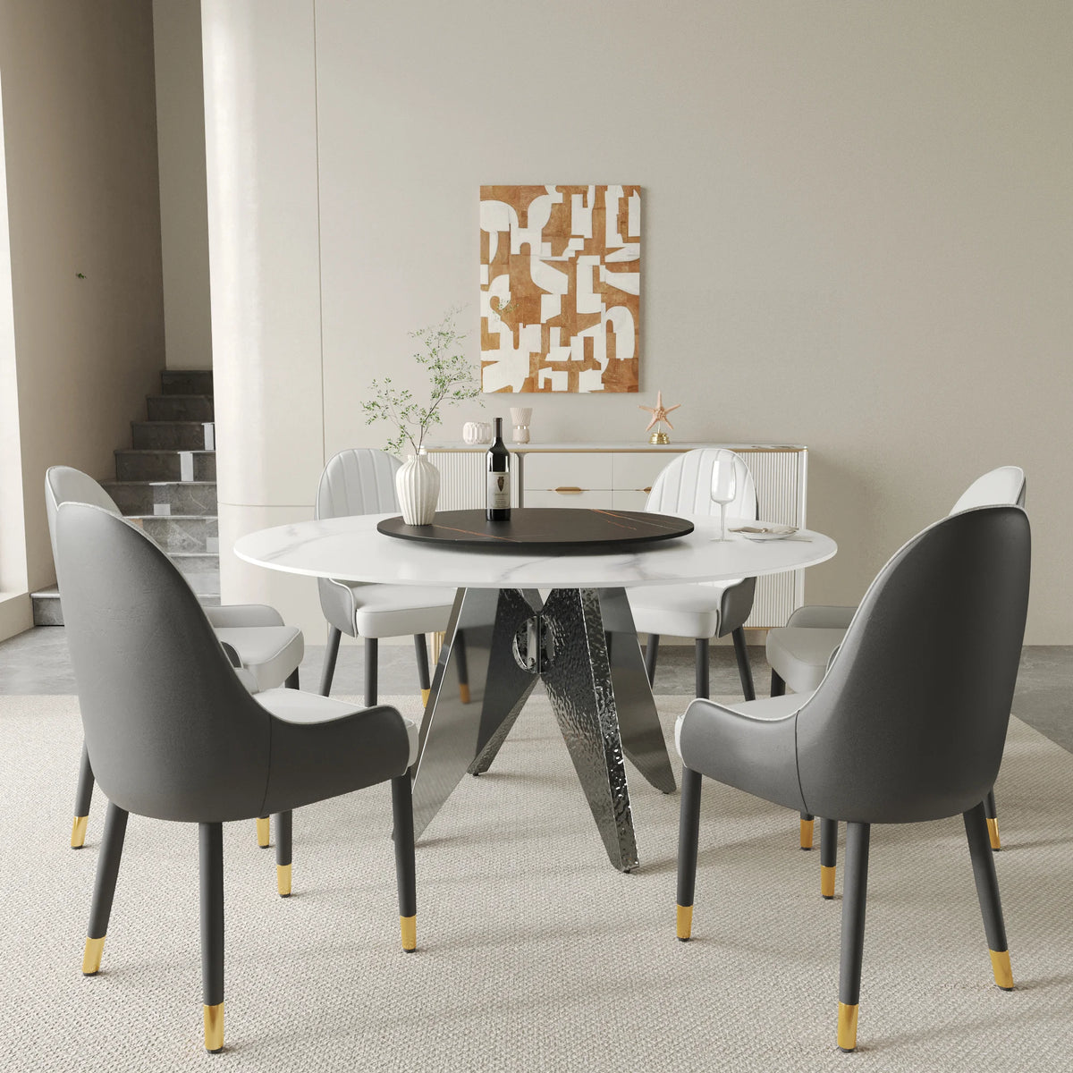 Marbella Sintered Stone Dining Table | 59" White Gloss Round With Lazy Susan Turntable