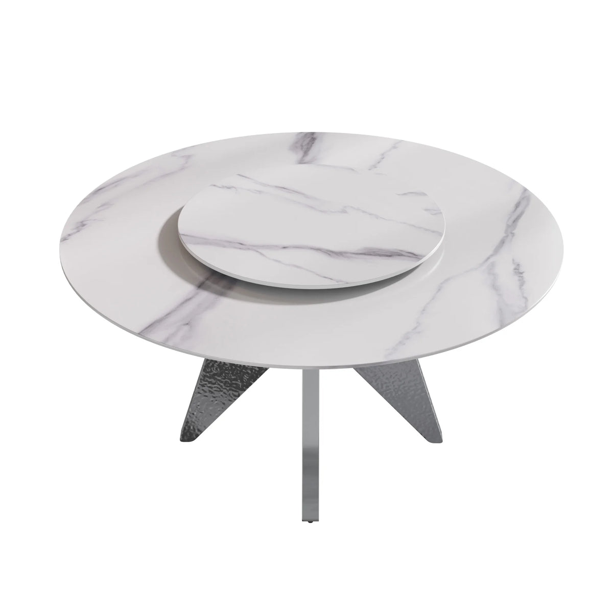 Marbella Sintered Stone Dining Table | 59" White Gloss Round With Lazy Susan Turntable