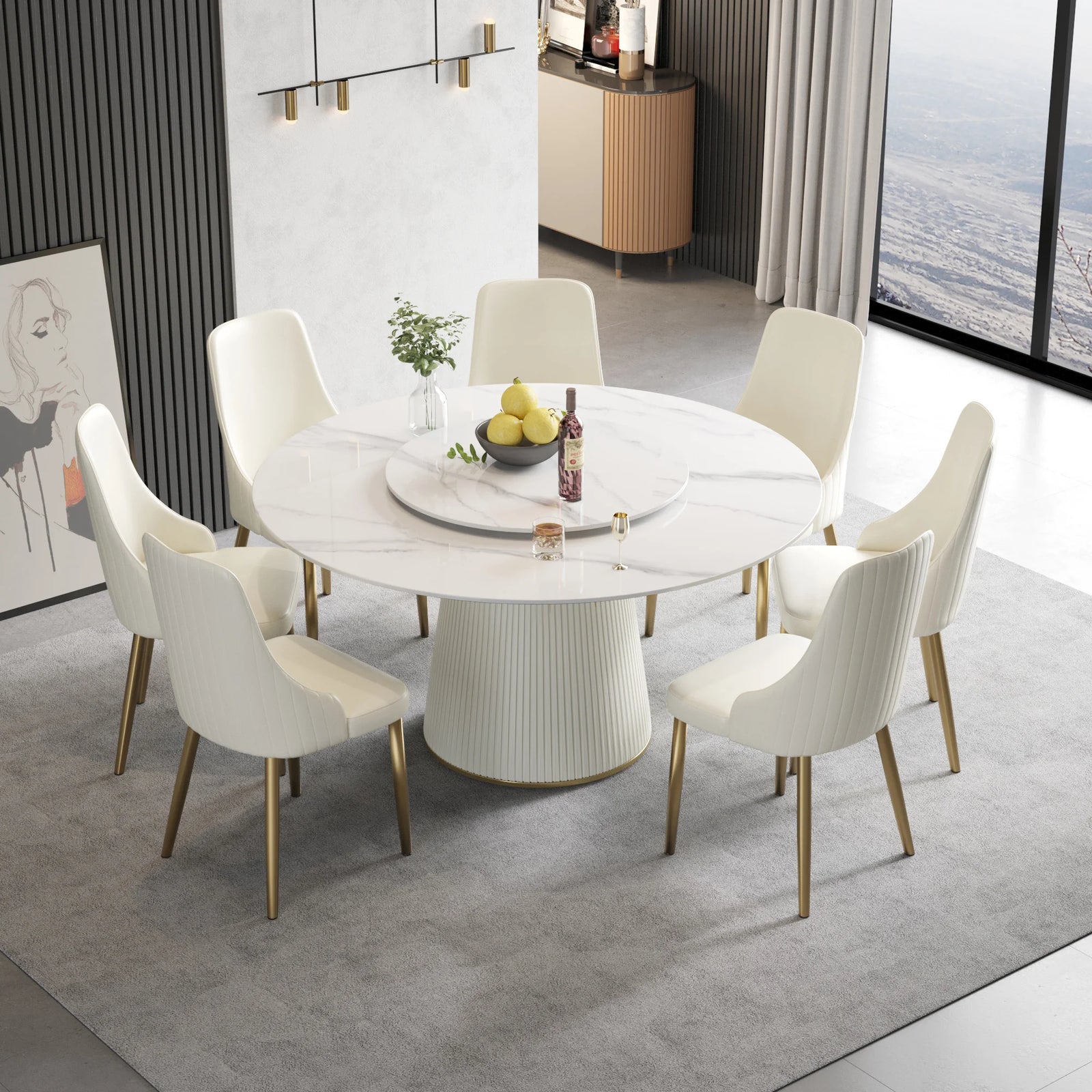 Marbella Sintered Stone Dining Table | 59" White Gloss Round With Lazy Susan Turntable