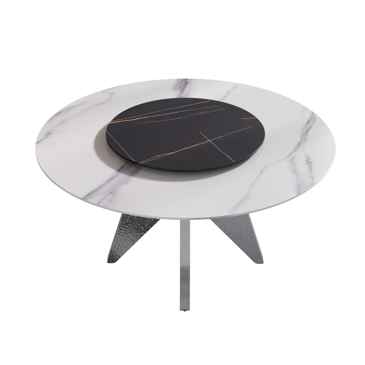 Marbella Sintered Stone Dining Table | 59" White Gloss Round With Lazy Susan Turntable