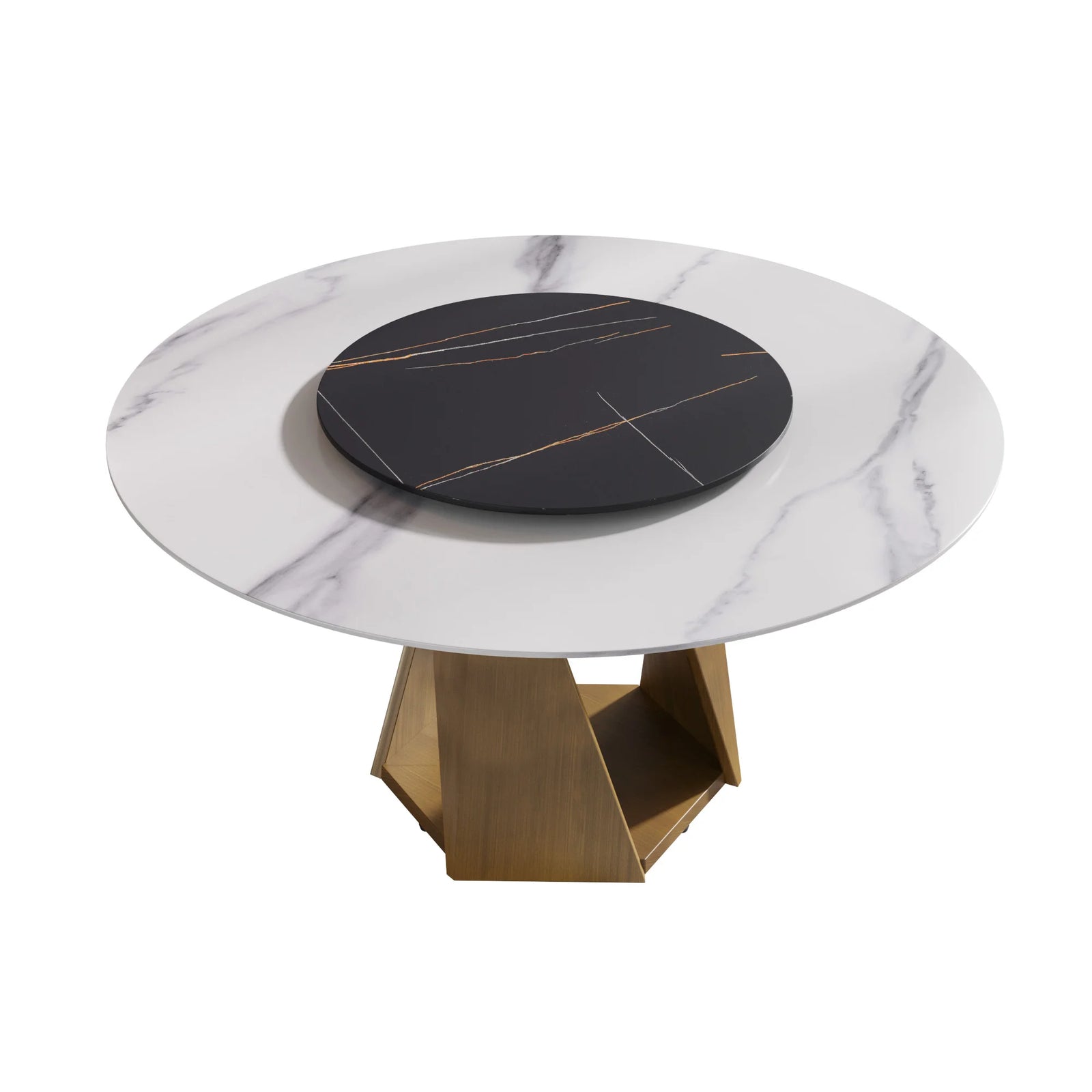 Mesa de comedor Marbella de piedra sinterizada | Redonda de 150 cm (59") en blanco brillante con plato giratorio Lazy Susan