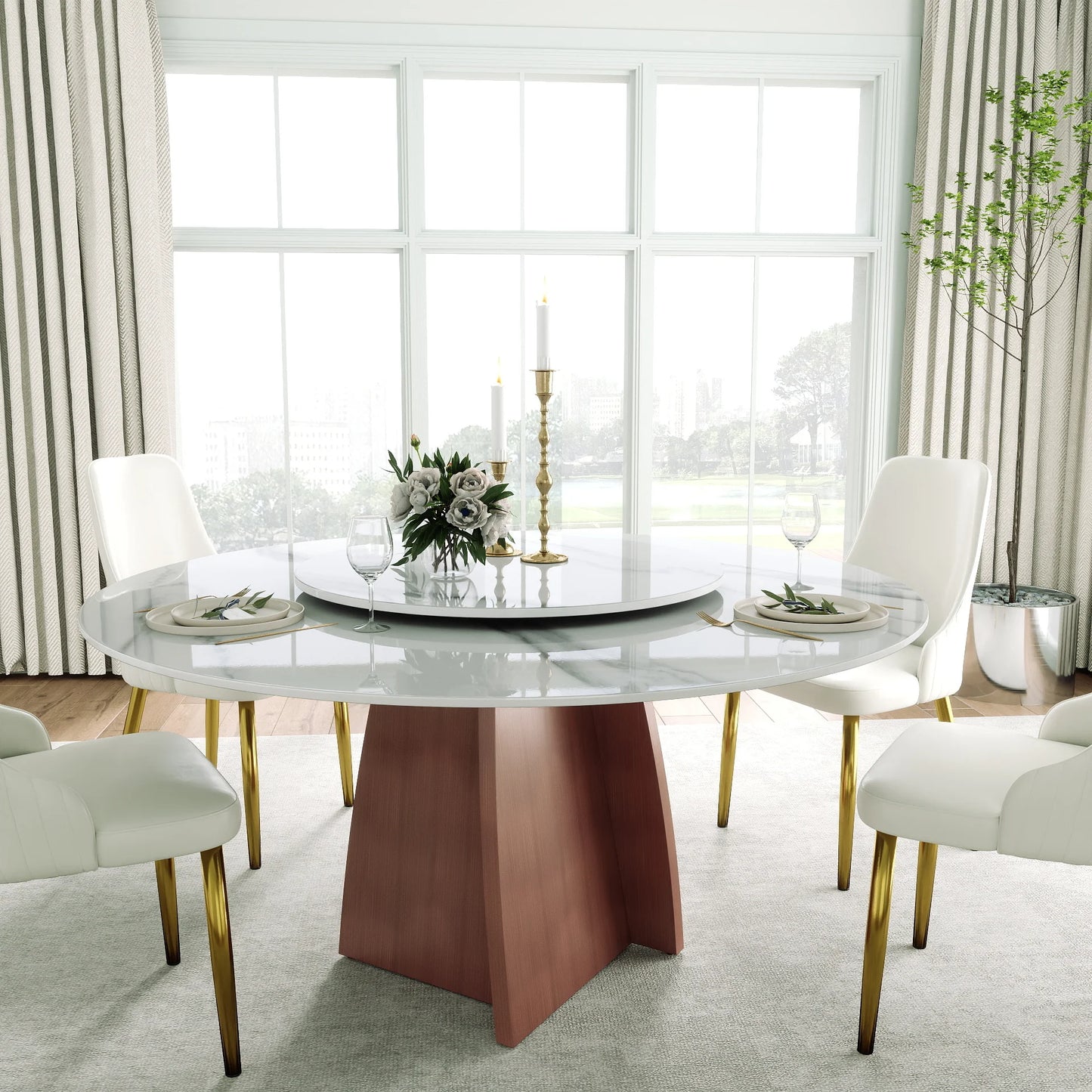 Marbella Sintered Stone Dining Table | 59" White Gloss Round With Lazy Susan Turntable