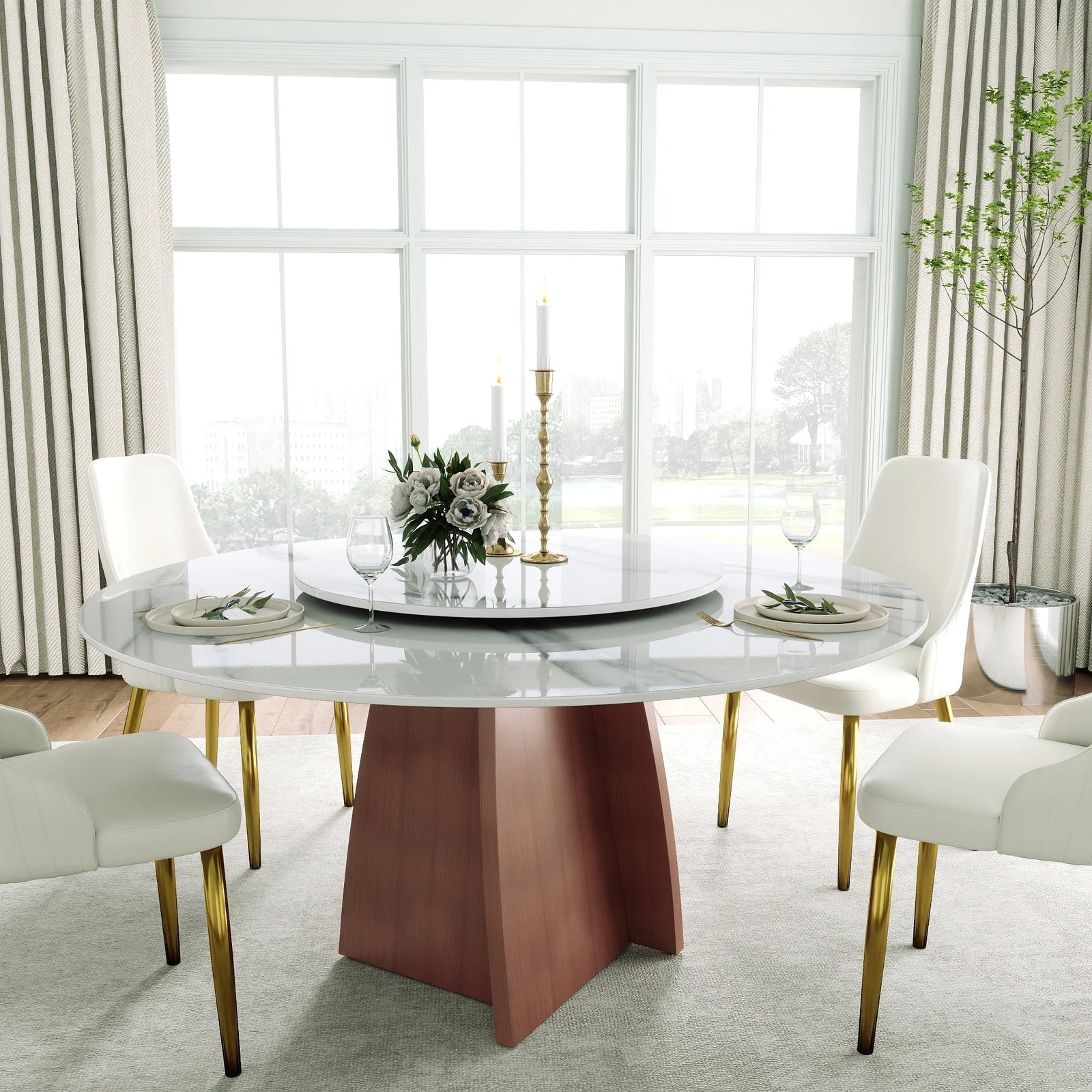 Mesa de comedor Marbella de piedra sinterizada | Redonda de 150 cm (59") en blanco brillante con plato giratorio Lazy Susan