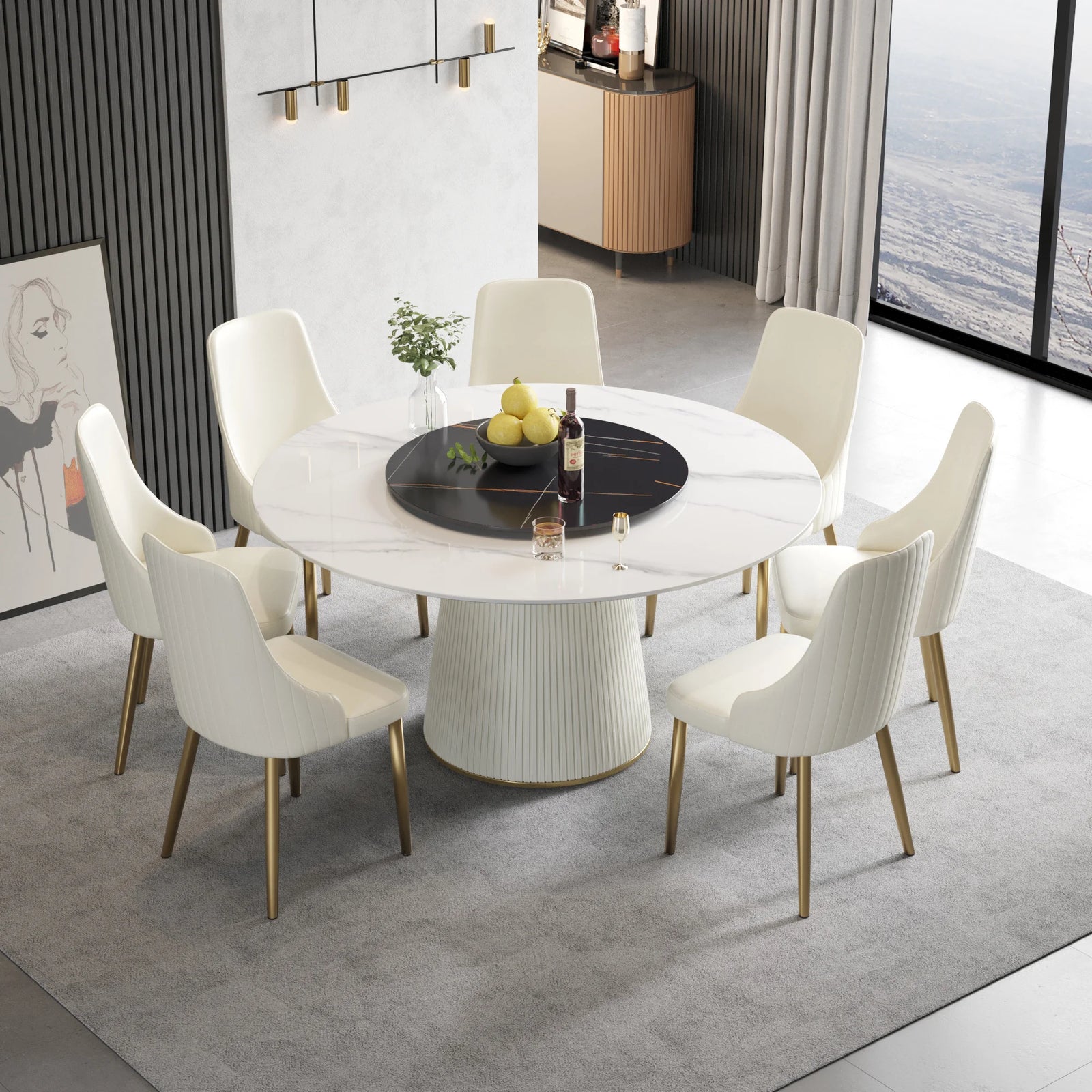 Marbella Sintered Stone Dining Table | 59" White Gloss Round With Lazy Susan Turntable
