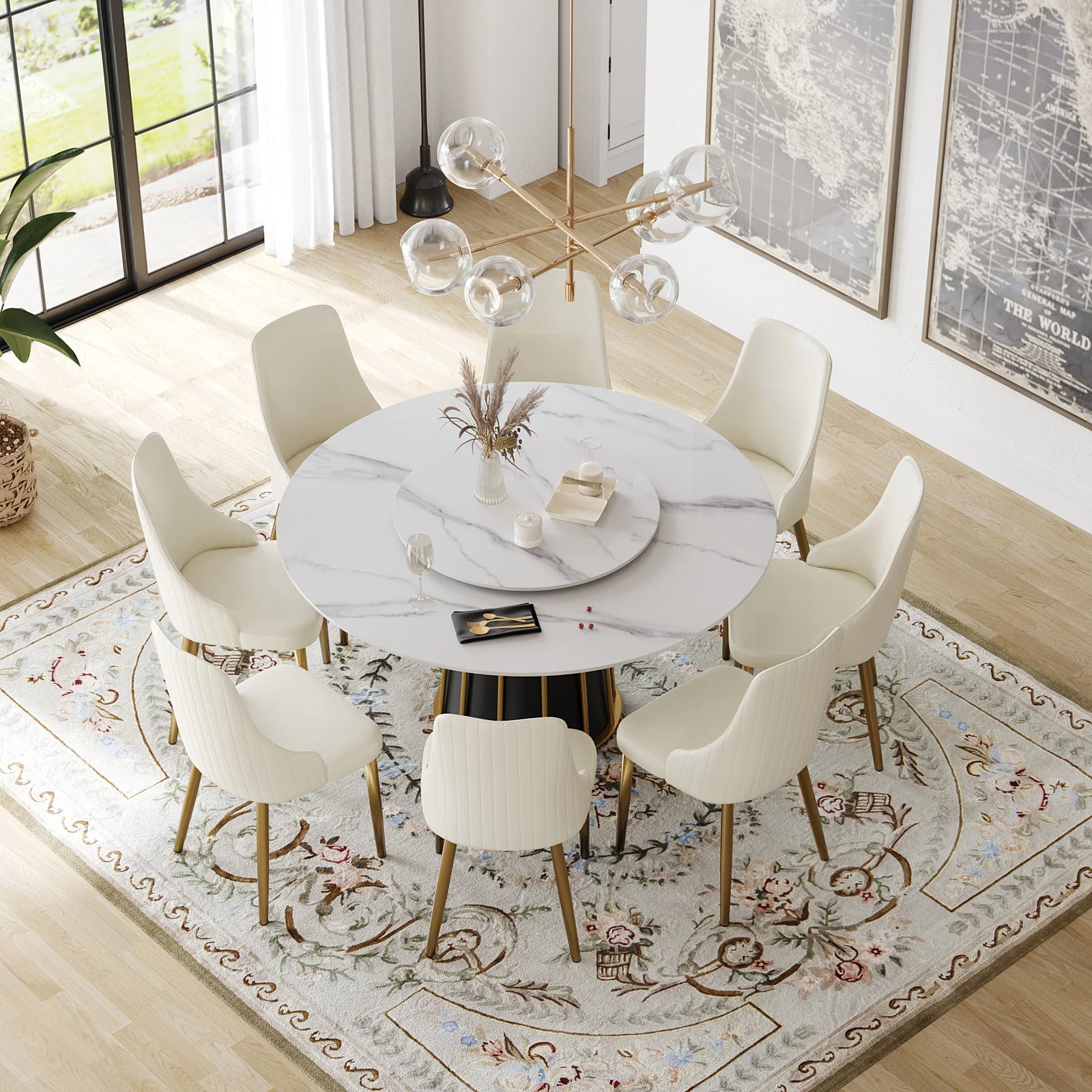 Marbella Sintered Stone Dining Table | 59" White Gloss Round With Lazy Susan Turntable