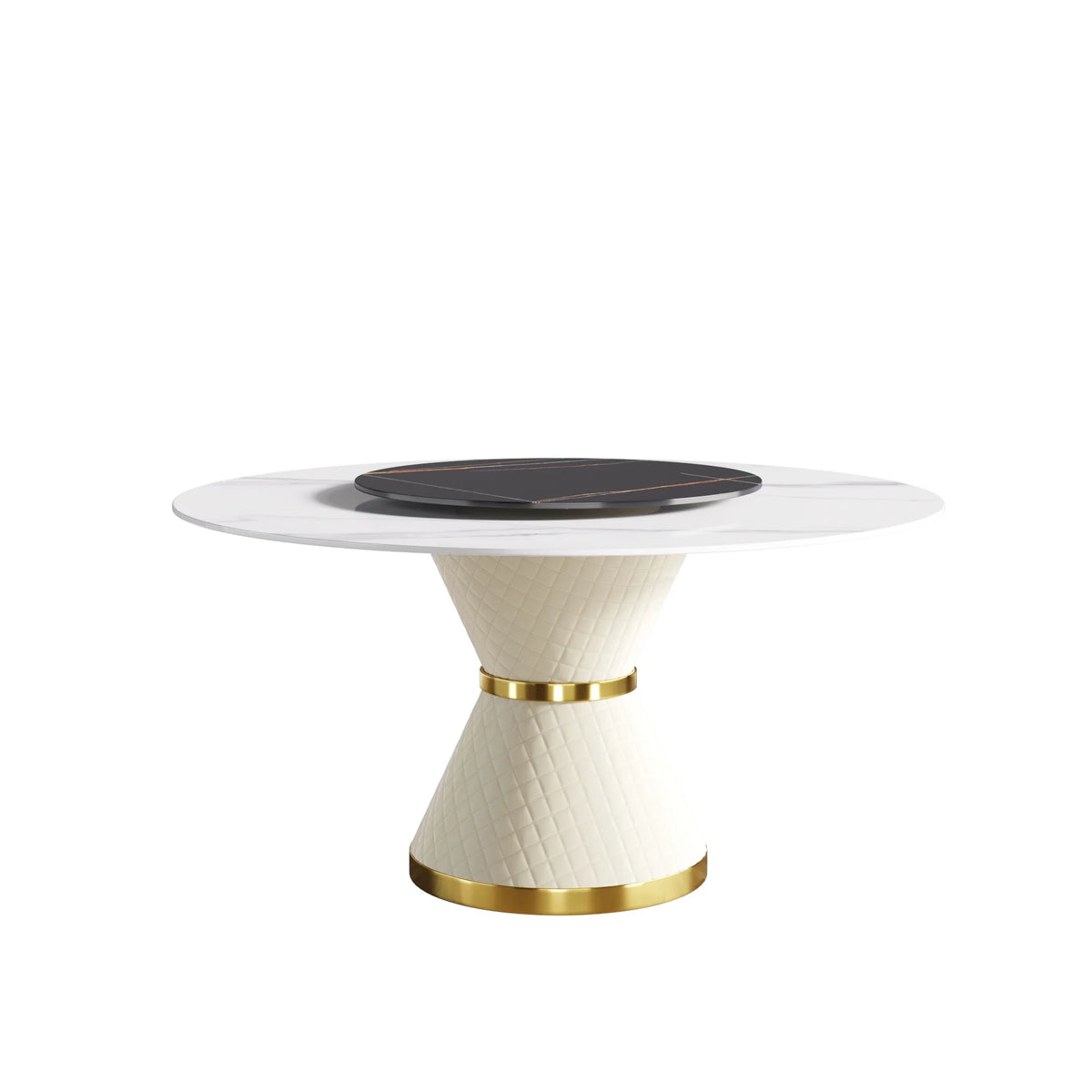 Marbella Sintered Stone Dining Table | 59" White Gloss Round With Lazy Susan Turntable