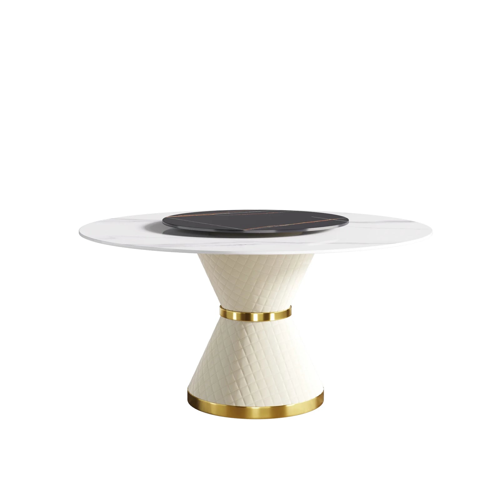 Mesa de comedor Marbella de piedra sinterizada | Redonda de 150 cm (59") en blanco brillante con plato giratorio Lazy Susan
