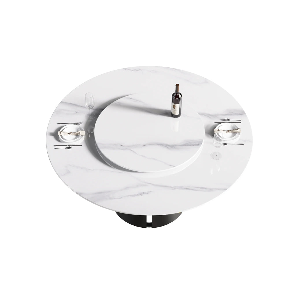 Marbella Sintered Stone Dining Table | 59" White Gloss Round With Lazy Susan Turntable