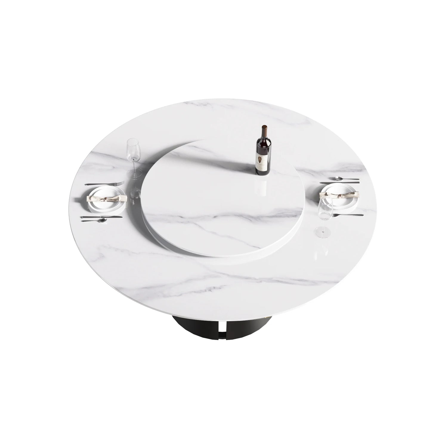 Marbella Sintered Stone Dining Table | 59" White Gloss Round With Lazy Susan Turntable