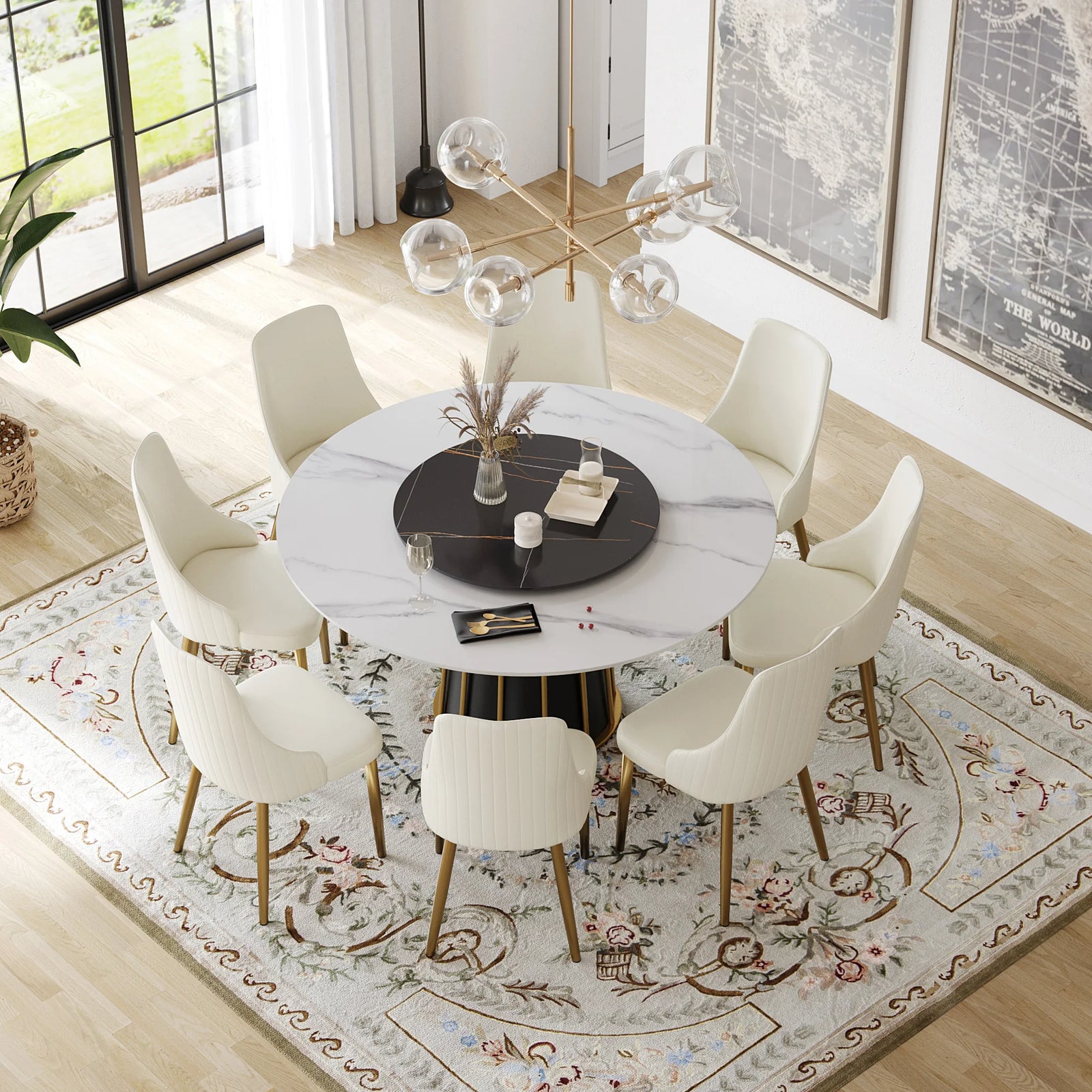 Mesa de comedor Marbella de piedra sinterizada | Redonda de 150 cm (59") en blanco brillante con plato giratorio Lazy Susan