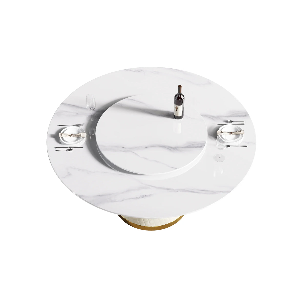 Mesa de comedor Marbella de piedra sinterizada | Redonda de 150 cm (59") en blanco brillante con plato giratorio Lazy Susan
