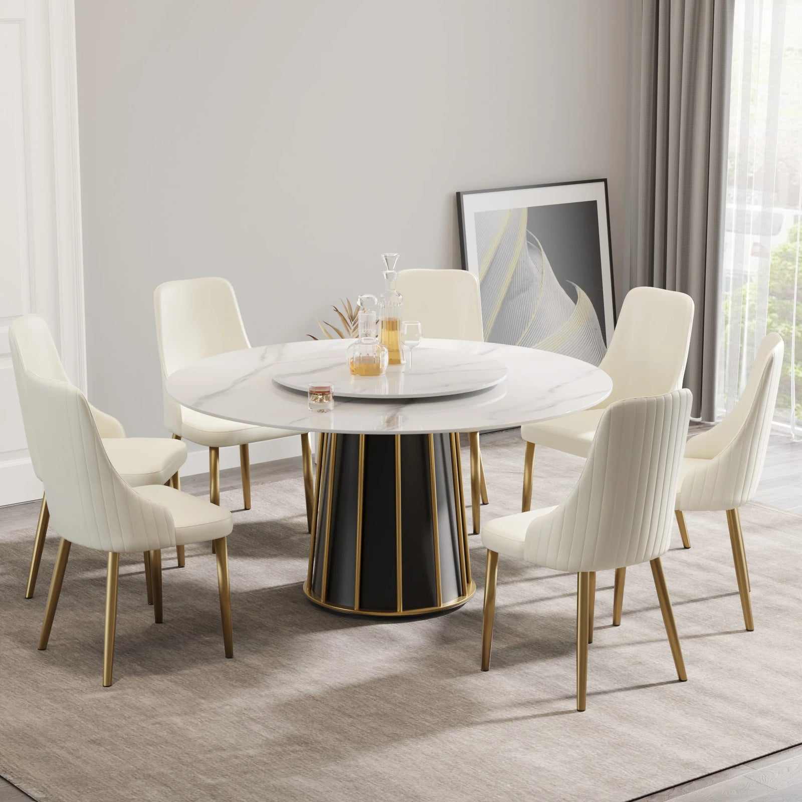 Marbella Sintered Stone Dining Table | 59" White Gloss Round With Lazy Susan Turntable