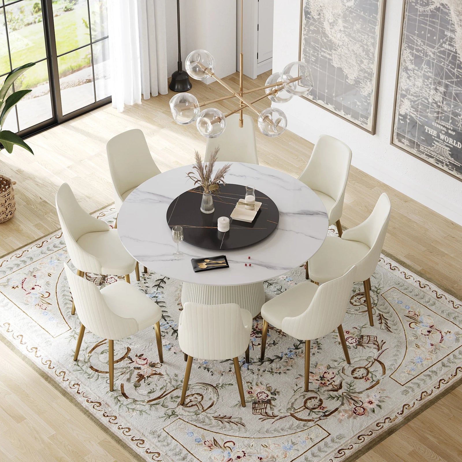 Marbella Sintered Stone Dining Table | 59" White Gloss Round With Lazy Susan Turntable