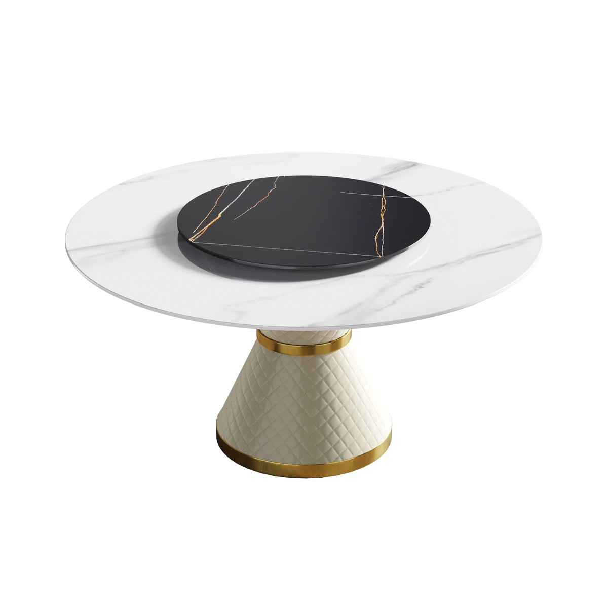 Marbella Sintered Stone Dining Table | 59" White Gloss Round With Lazy Susan Turntable