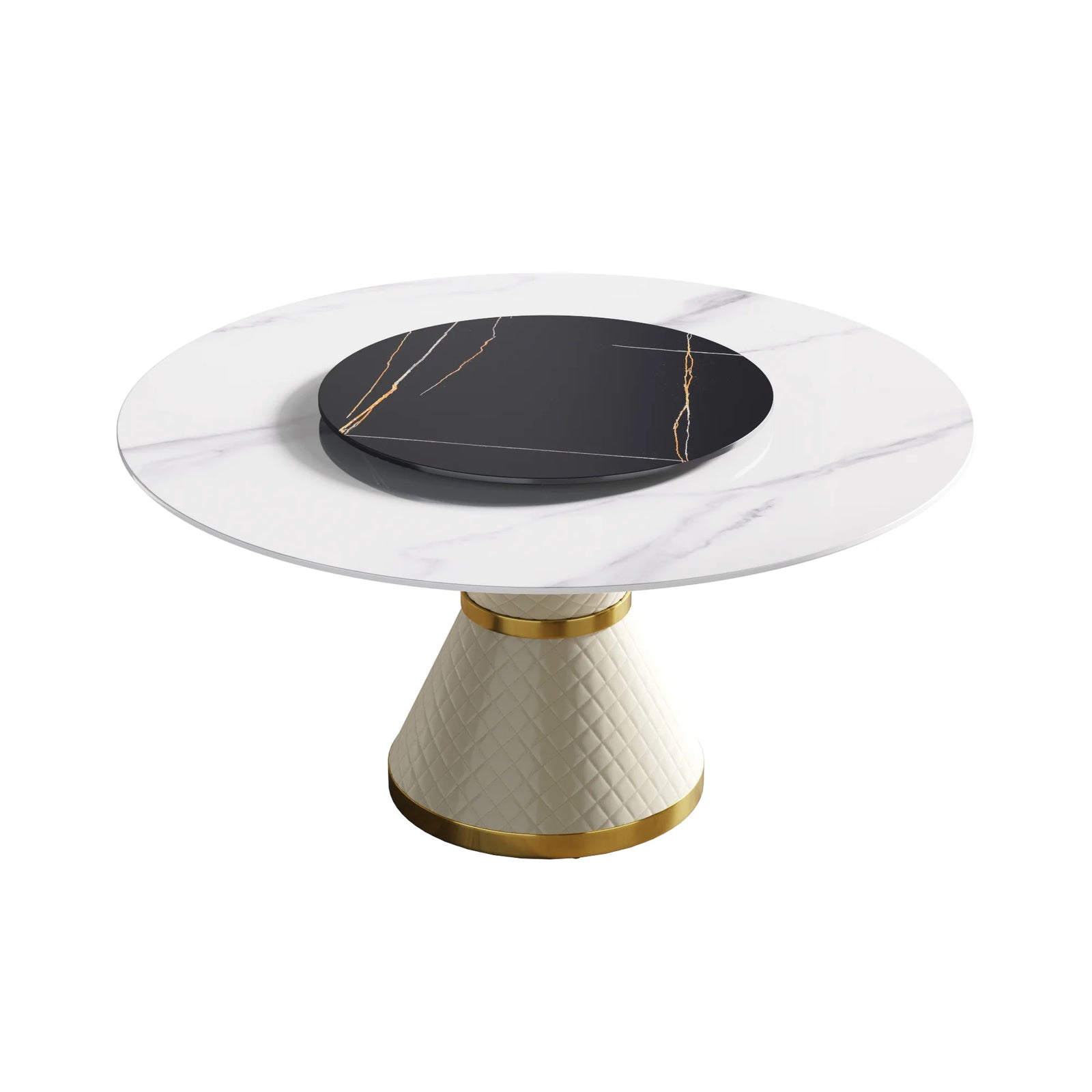 Mesa de comedor Marbella de piedra sinterizada | Redonda de 150 cm (59") en blanco brillante con plato giratorio Lazy Susan