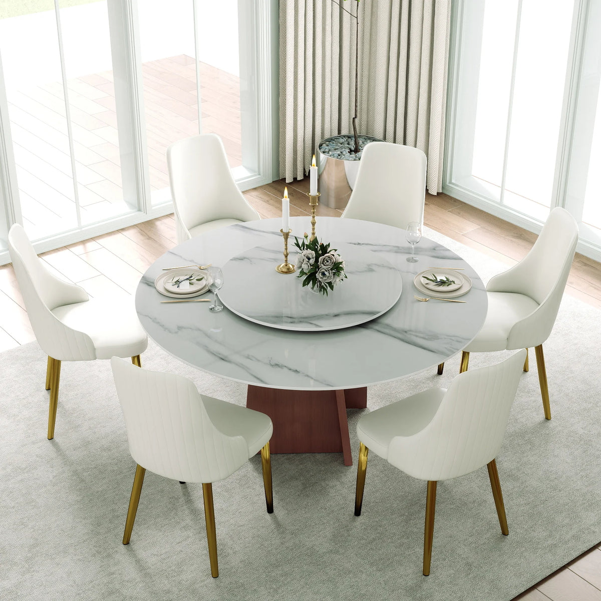Mesa de comedor Marbella de piedra sinterizada | Redonda de 150 cm (59") en blanco brillante con plato giratorio Lazy Susan