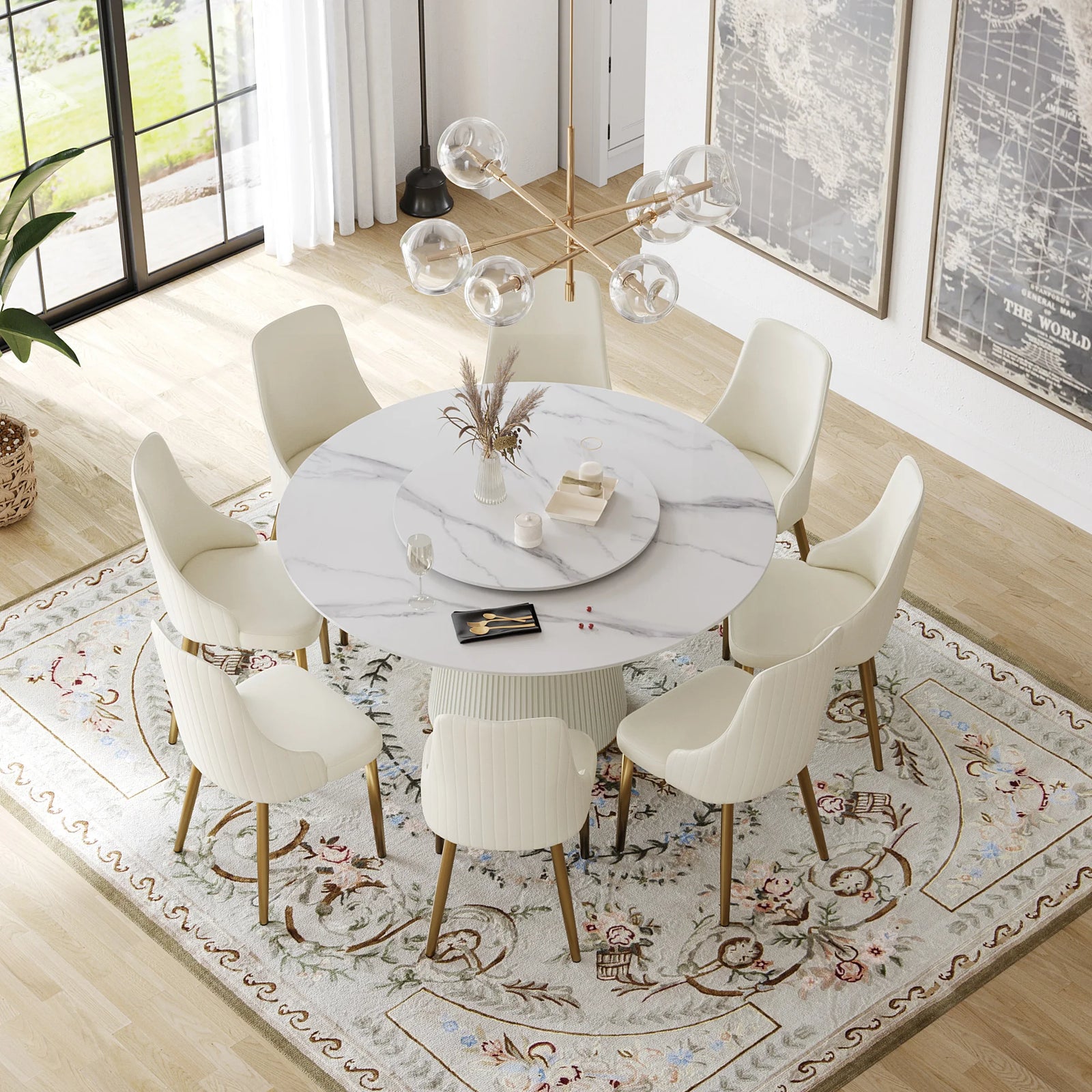 Marbella Sintered Stone Dining Table | 59" White Gloss Round With Lazy Susan Turntable