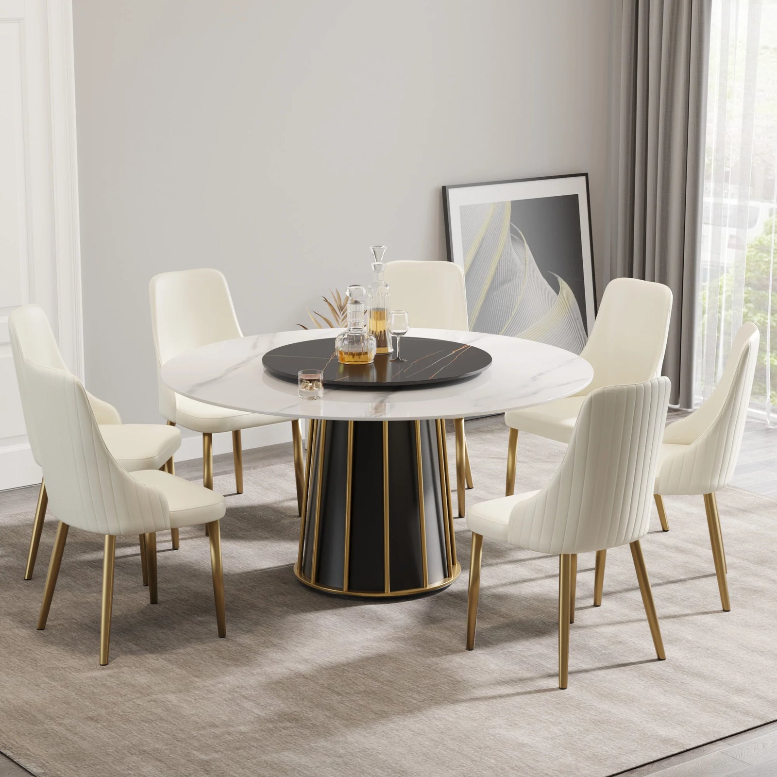Mesa de comedor Marbella de piedra sinterizada | Redonda de 150 cm (59") en blanco brillante con plato giratorio Lazy Susan