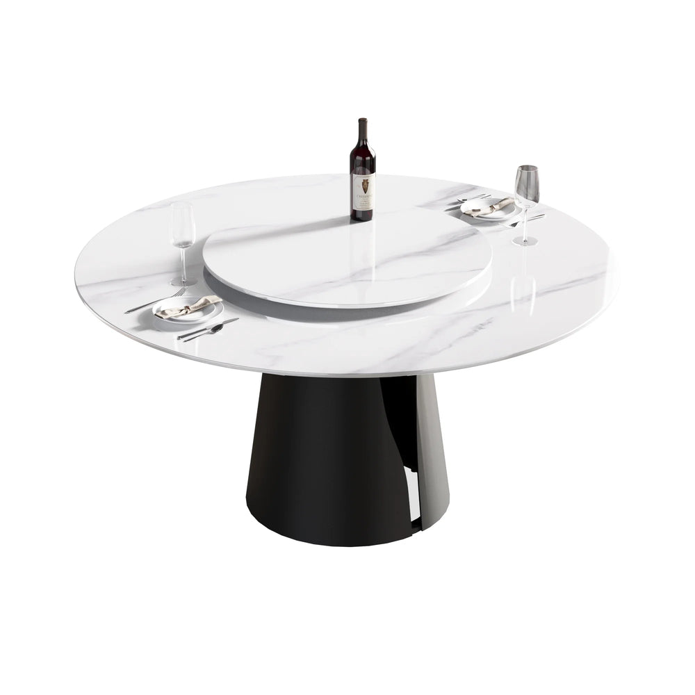 Marbella Sintered Stone Dining Table | 59" White Gloss Round With Lazy Susan Turntable