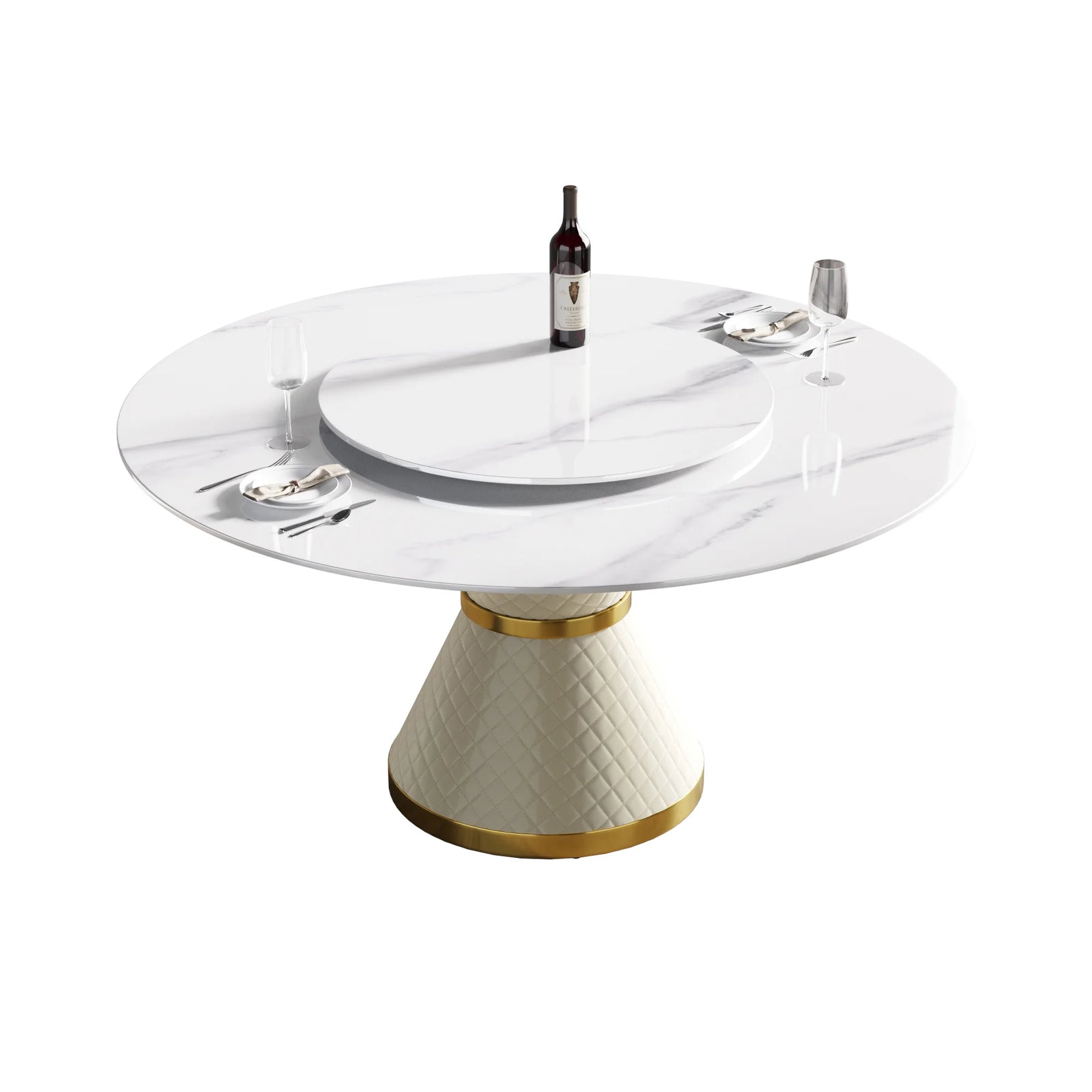 Mesa de comedor Marbella de piedra sinterizada | Redonda de 150 cm (59") en blanco brillante con plato giratorio Lazy Susan