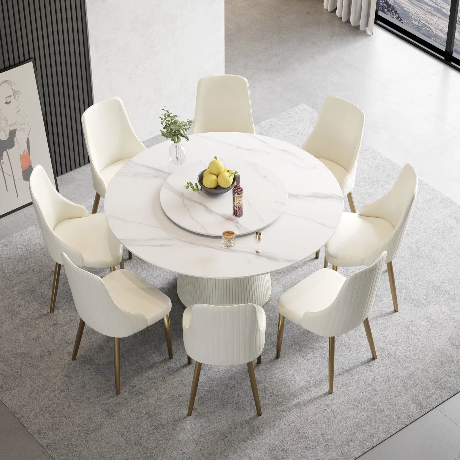 Marbella Sintered Stone Dining Table | 59" White Gloss Round With Lazy Susan Turntable