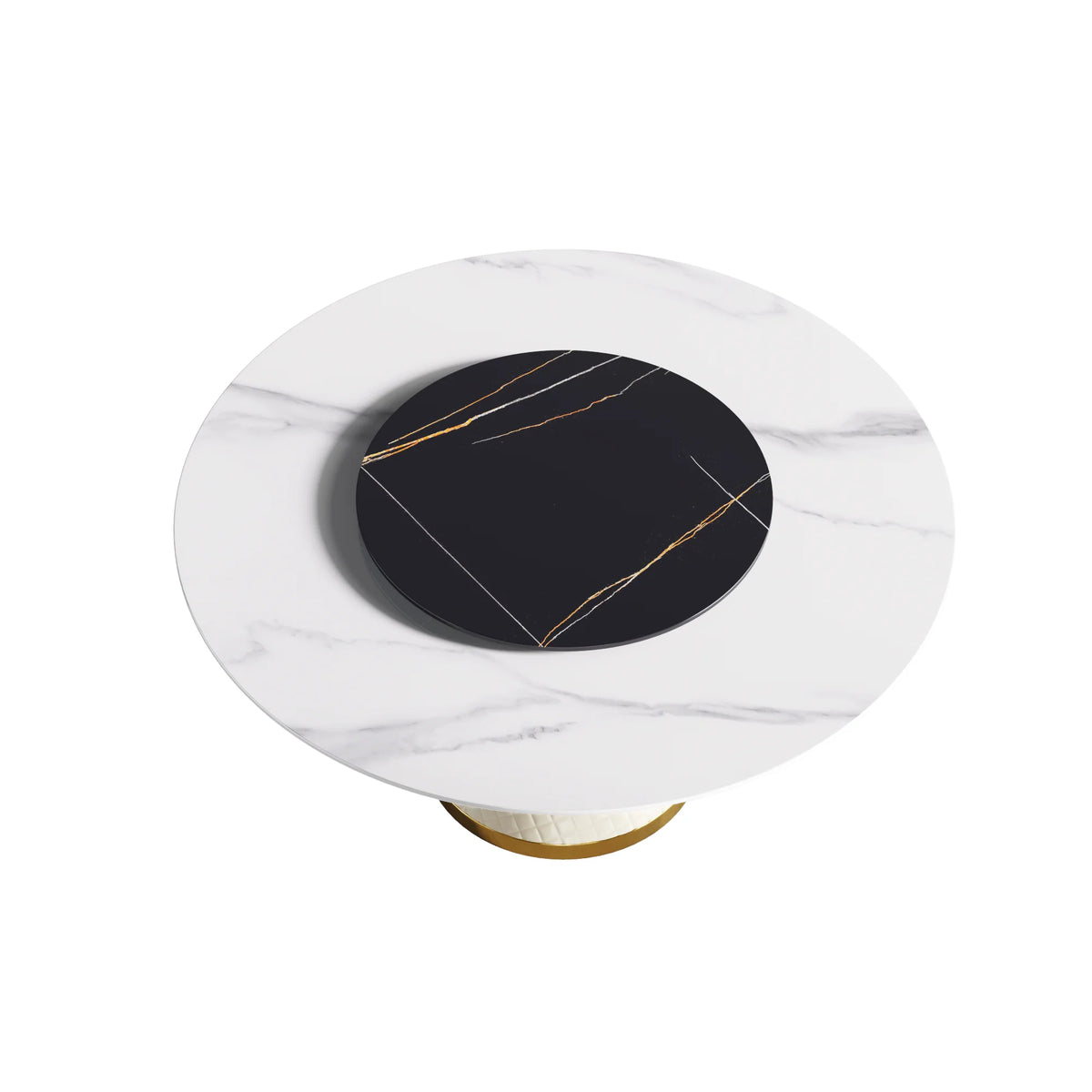 Mesa de comedor Marbella de piedra sinterizada | Redonda de 150 cm (59") en blanco brillante con plato giratorio Lazy Susan
