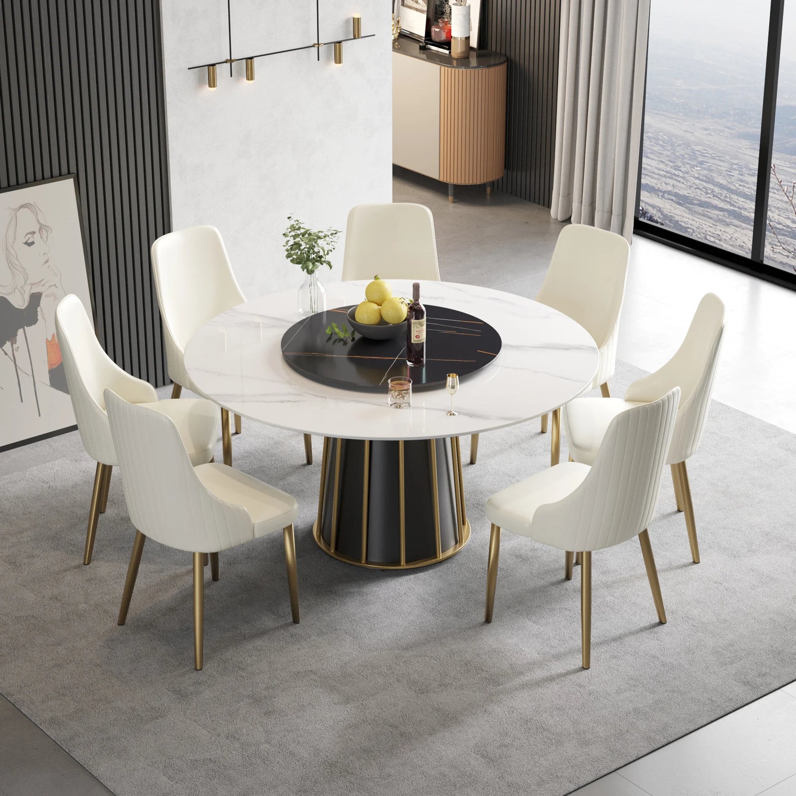 Mesa de comedor Marbella de piedra sinterizada | Redonda de 150 cm (59") en blanco brillante con plato giratorio Lazy Susan
