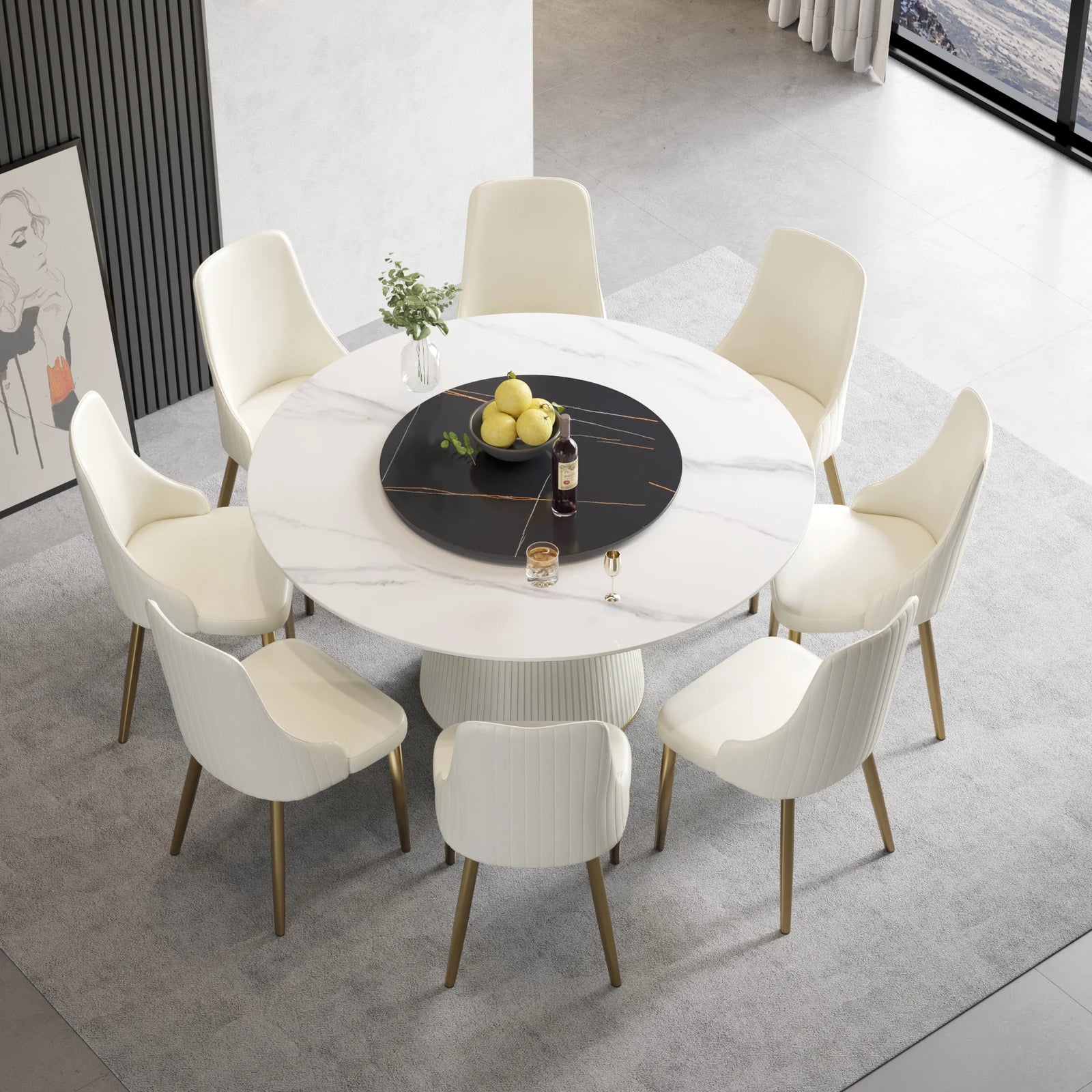 Marbella Sintered Stone Dining Table | 59" White Gloss Round With Lazy Susan Turntable