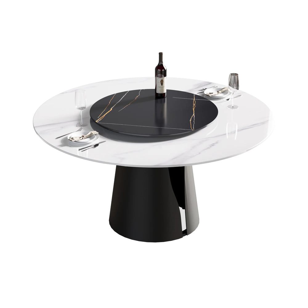 Marbella Sintered Stone Dining Table | 59" White Gloss Round With Lazy Susan Turntable