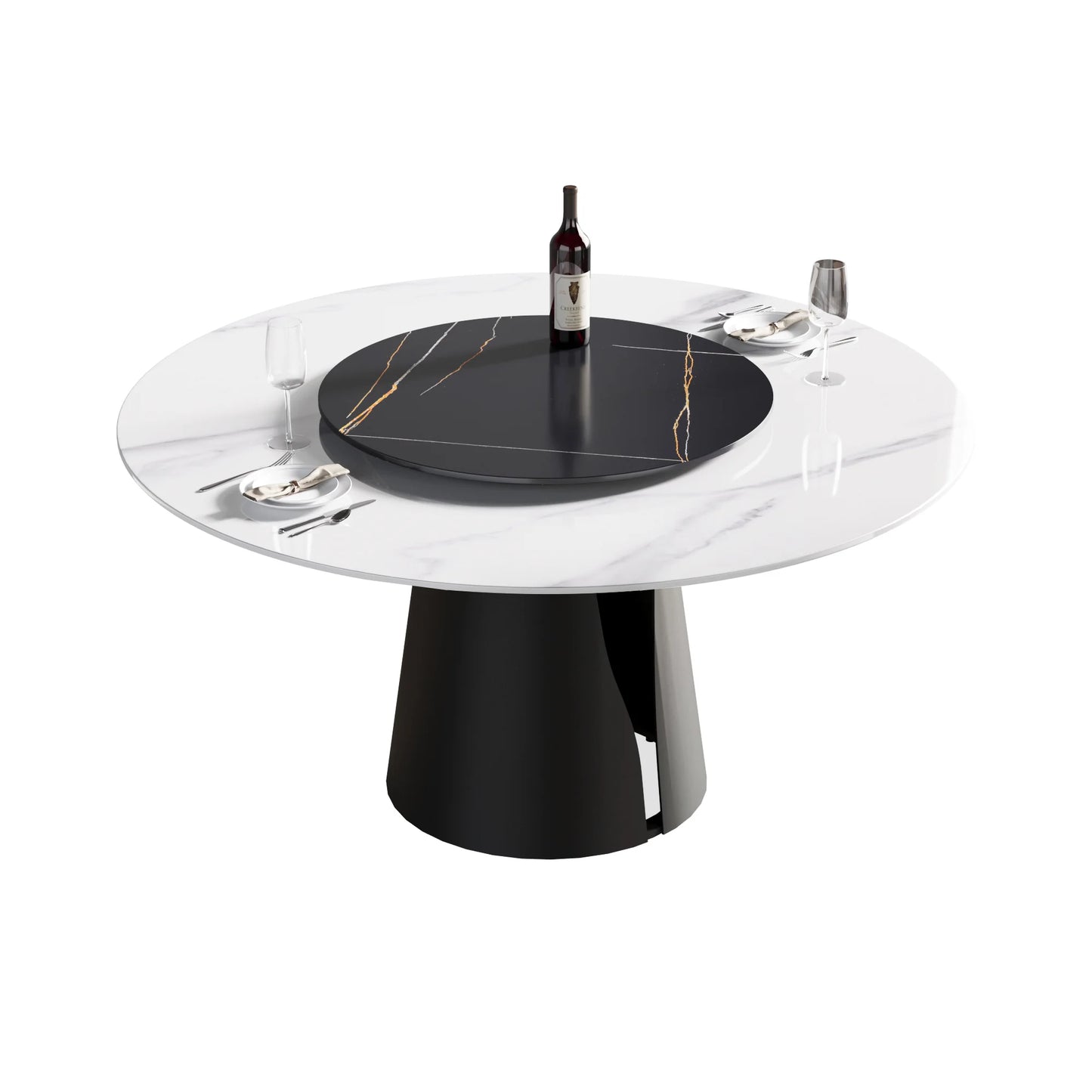 Marbella Sintered Stone Dining Table | 59" White Gloss Round With Lazy Susan Turntable
