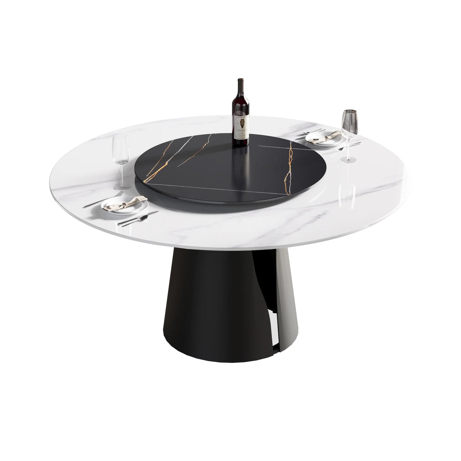 Mesa de comedor Marbella de piedra sinterizada | Redonda de 150 cm (59") en blanco brillante con plato giratorio Lazy Susan