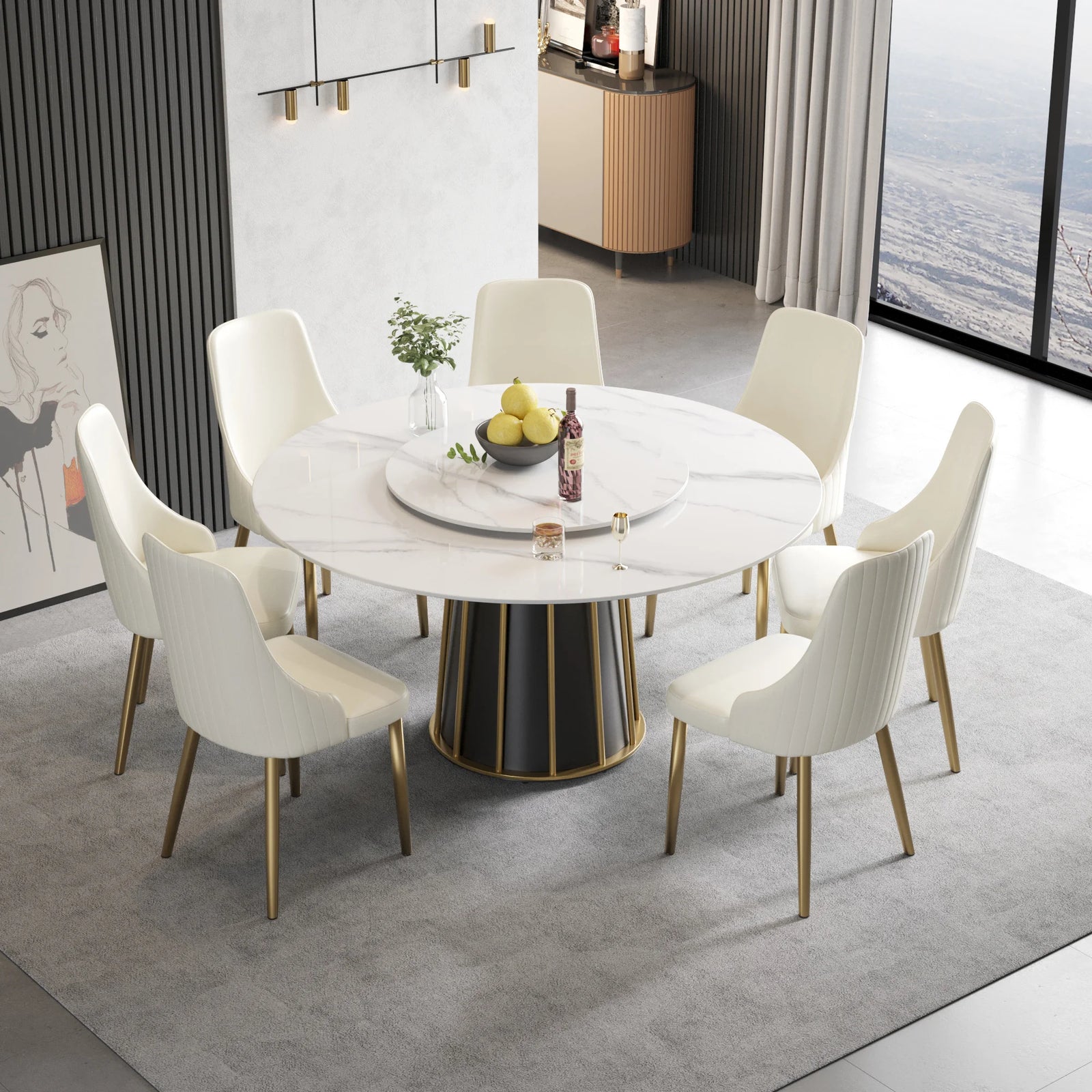 Marbella Sintered Stone Dining Table | 59" White Gloss Round With Lazy Susan Turntable