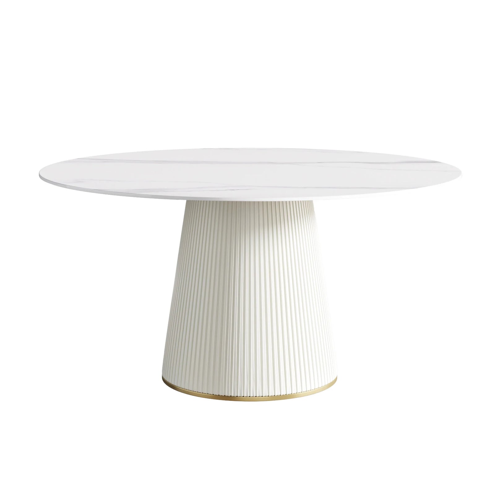 Mesa de comedor Marbella de piedra sinterizada | Redonda de 150 cm (59 pulgadas) en blanco brillante con base revestida de cuero