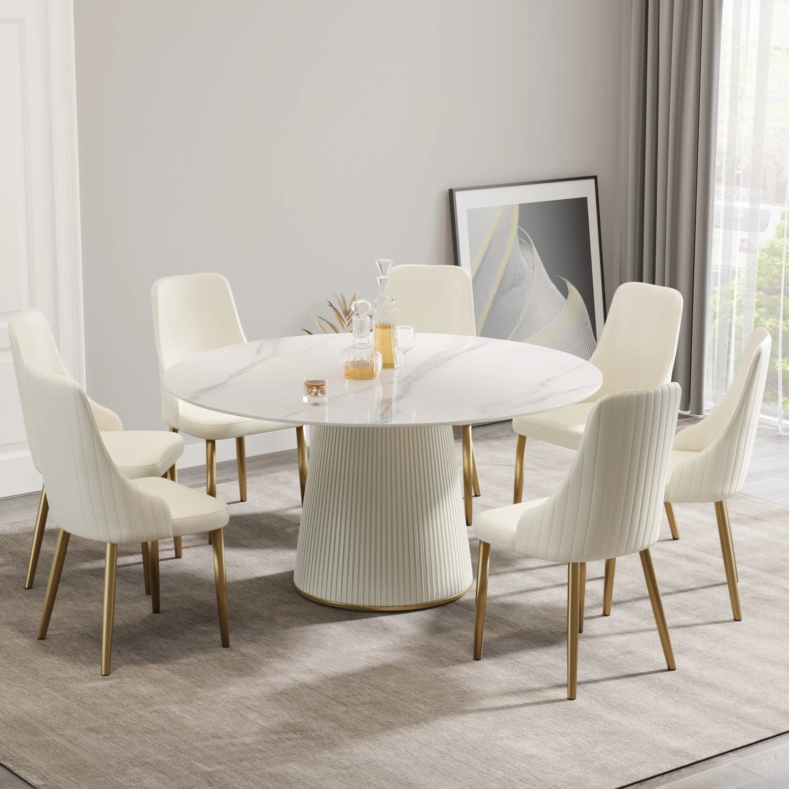 Mesa de comedor Marbella de piedra sinterizada | Redonda de 150 cm (59 pulgadas) en blanco brillante con base revestida de cuero