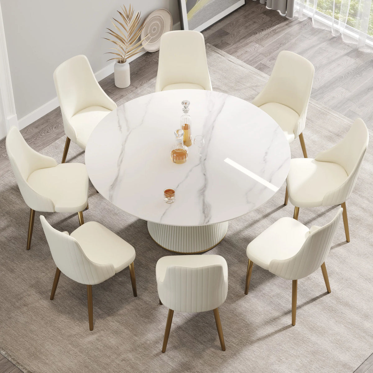 Mesa de comedor Marbella de piedra sinterizada | Redonda de 150 cm (59 pulgadas) en blanco brillante con base revestida de cuero