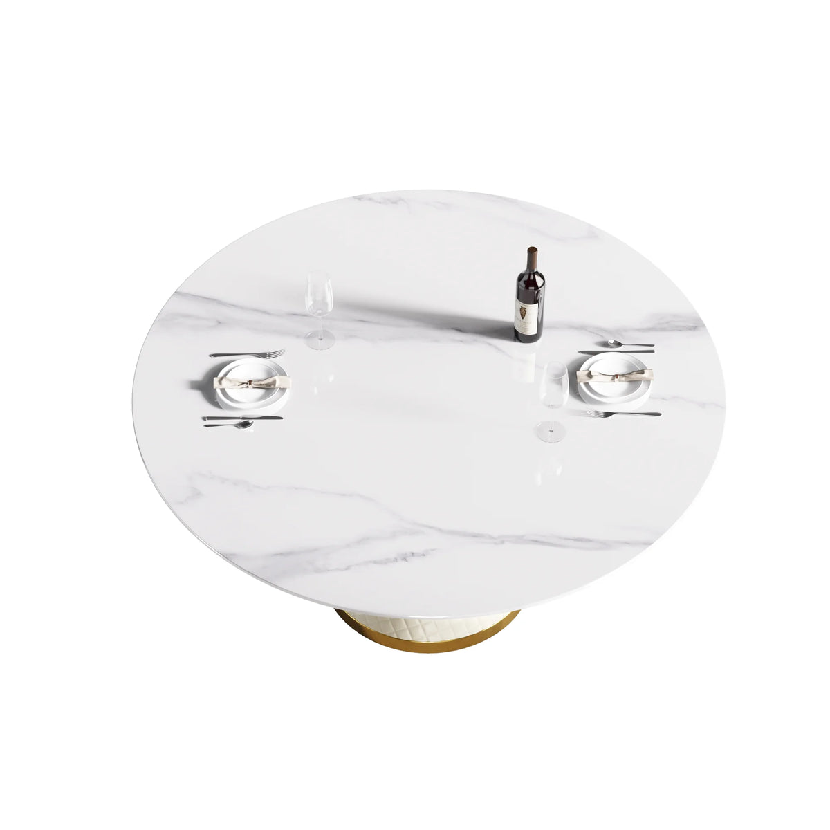 Marbella Sintered Stone Dining Table | 59" White Gloss Round With Leather-Covered Base