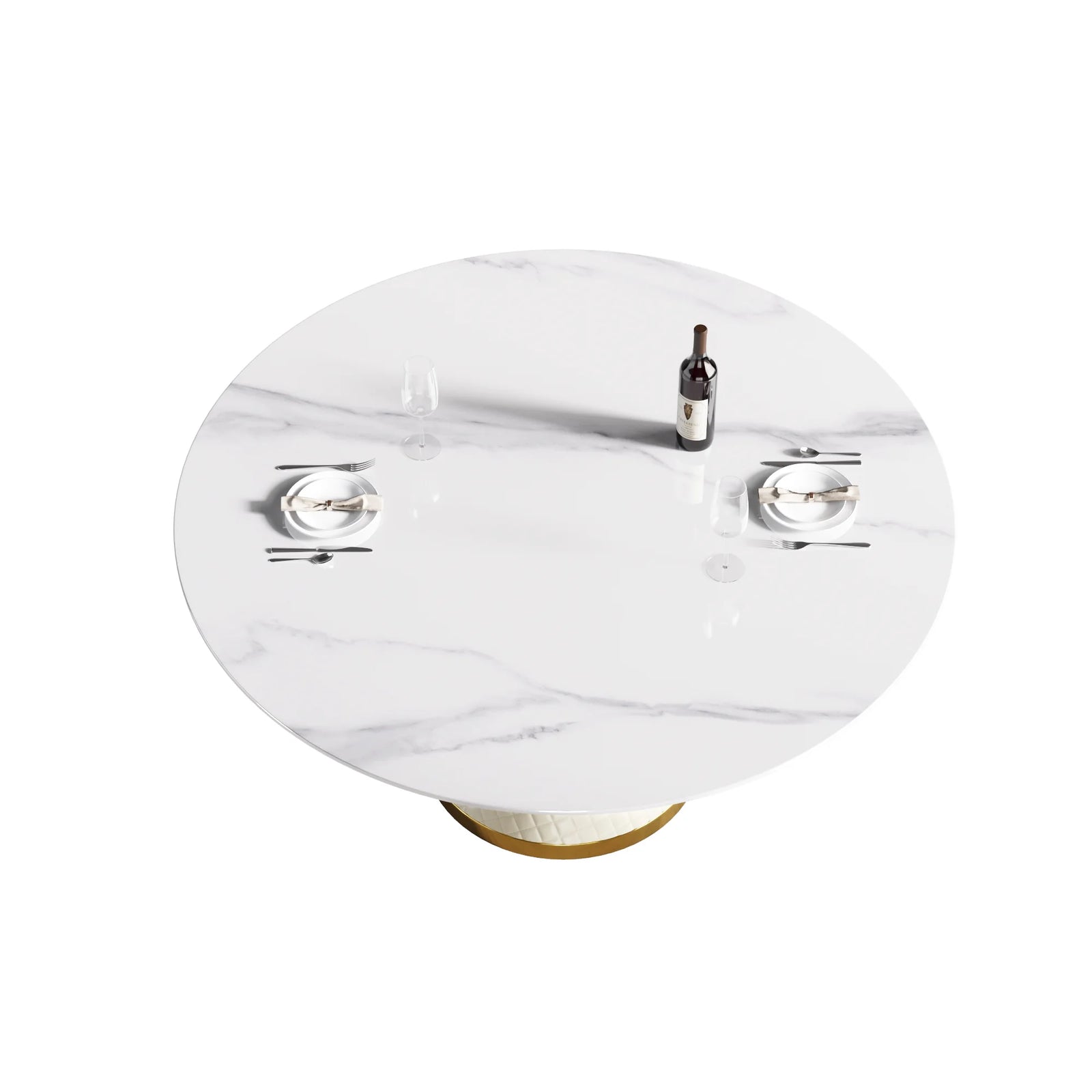 Mesa de comedor Marbella de piedra sinterizada | Redonda de 150 cm (59 pulgadas) en blanco brillante con base revestida de cuero