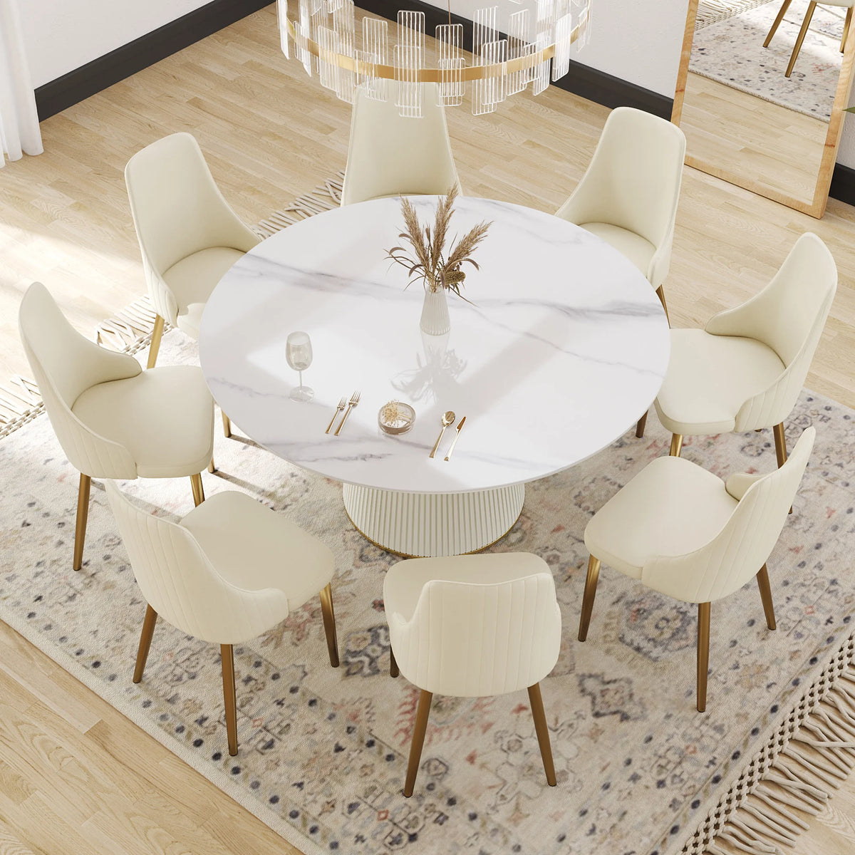 Mesa de comedor Marbella de piedra sinterizada | Redonda de 150 cm (59 pulgadas) en blanco brillante con base revestida de cuero