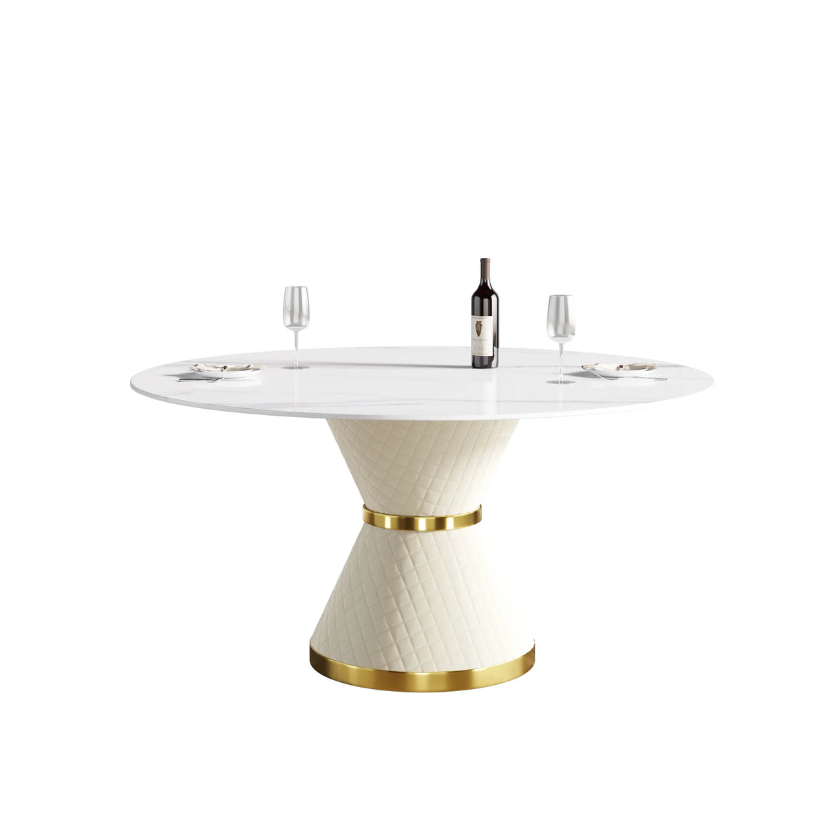 Mesa de comedor Marbella de piedra sinterizada | Redonda de 150 cm (59 pulgadas) en blanco brillante con base revestida de cuero
