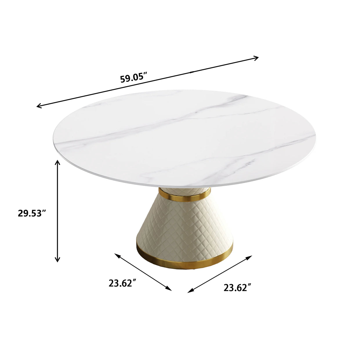 Mesa de comedor Marbella de piedra sinterizada | Redonda de 150 cm (59 pulgadas) en blanco brillante con base revestida de cuero