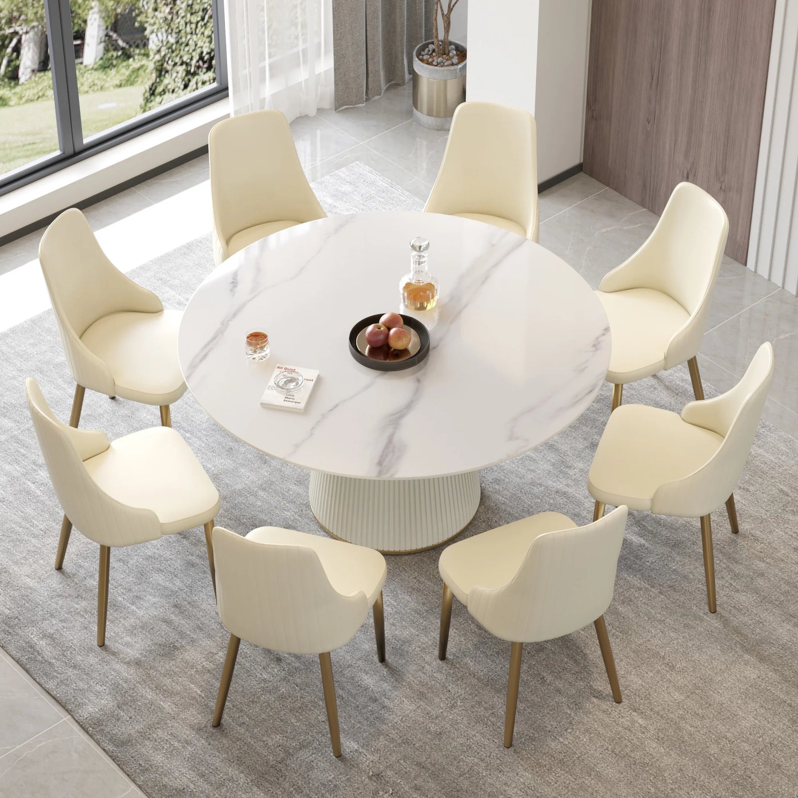 Mesa de comedor Marbella de piedra sinterizada | Redonda de 150 cm (59 pulgadas) en blanco brillante con base revestida de cuero
