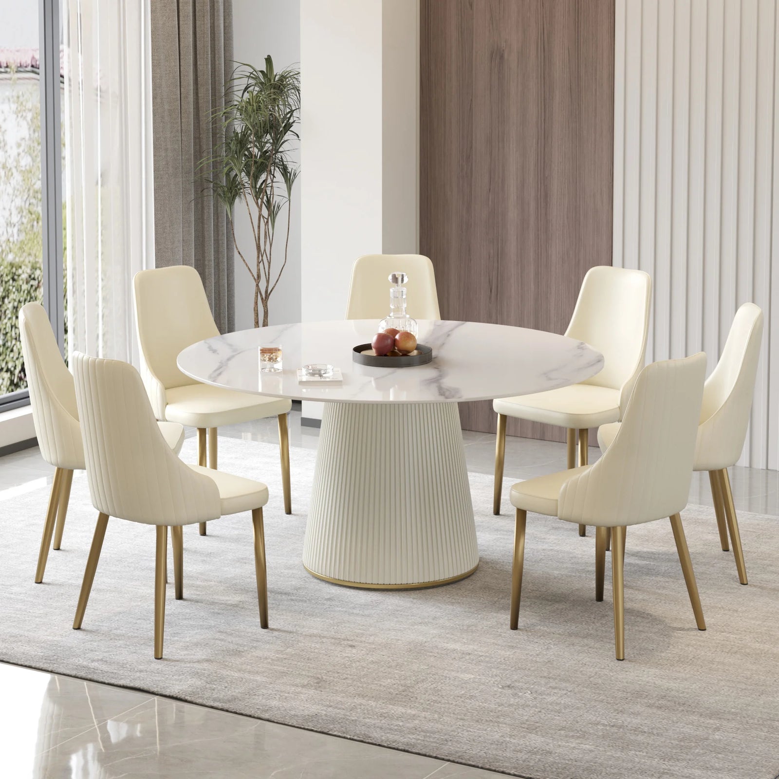 Mesa de comedor Marbella de piedra sinterizada | Redonda de 150 cm (59 pulgadas) en blanco brillante con base revestida de cuero