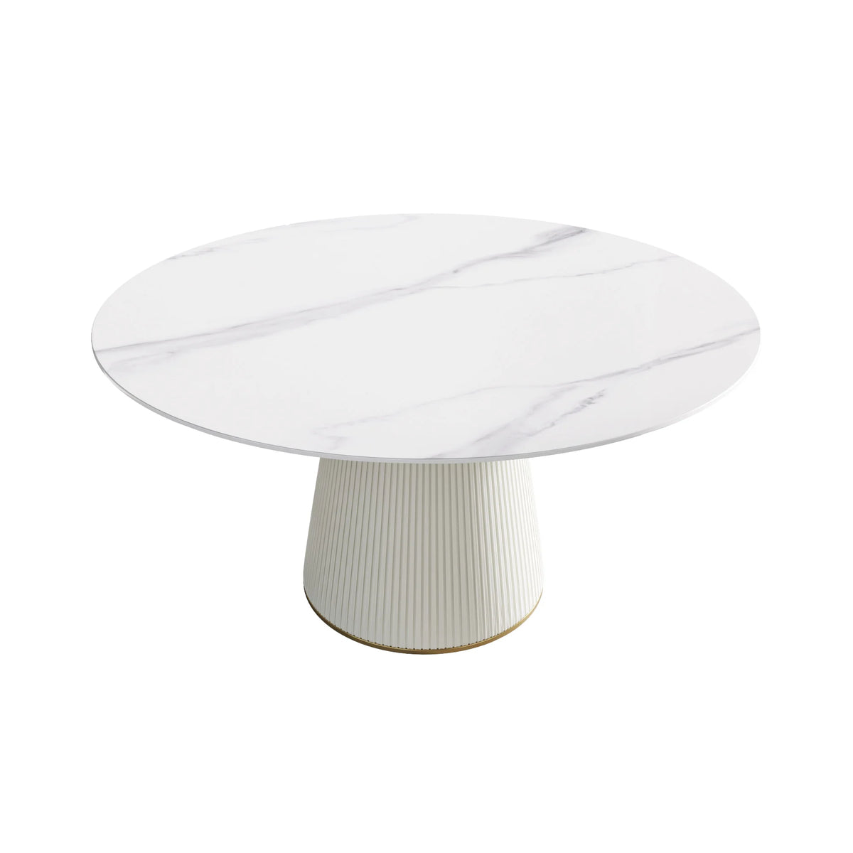 Mesa de comedor Marbella de piedra sinterizada | Redonda de 150 cm (59 pulgadas) en blanco brillante con base revestida de cuero