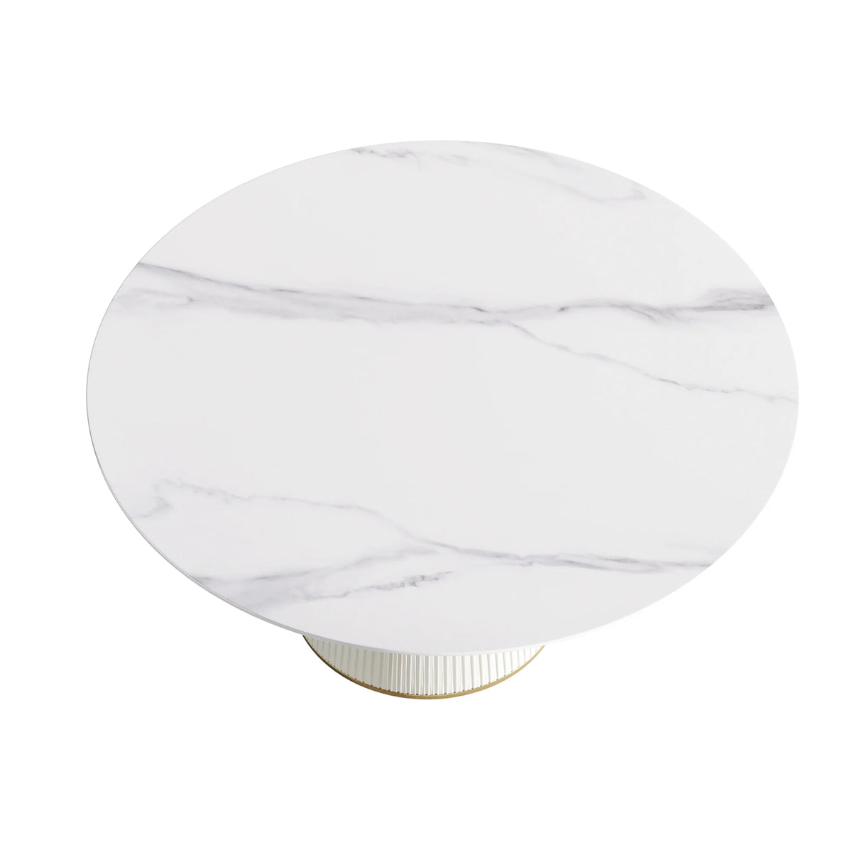 Mesa de comedor Marbella de piedra sinterizada | Redonda de 150 cm (59 pulgadas) en blanco brillante con base revestida de cuero