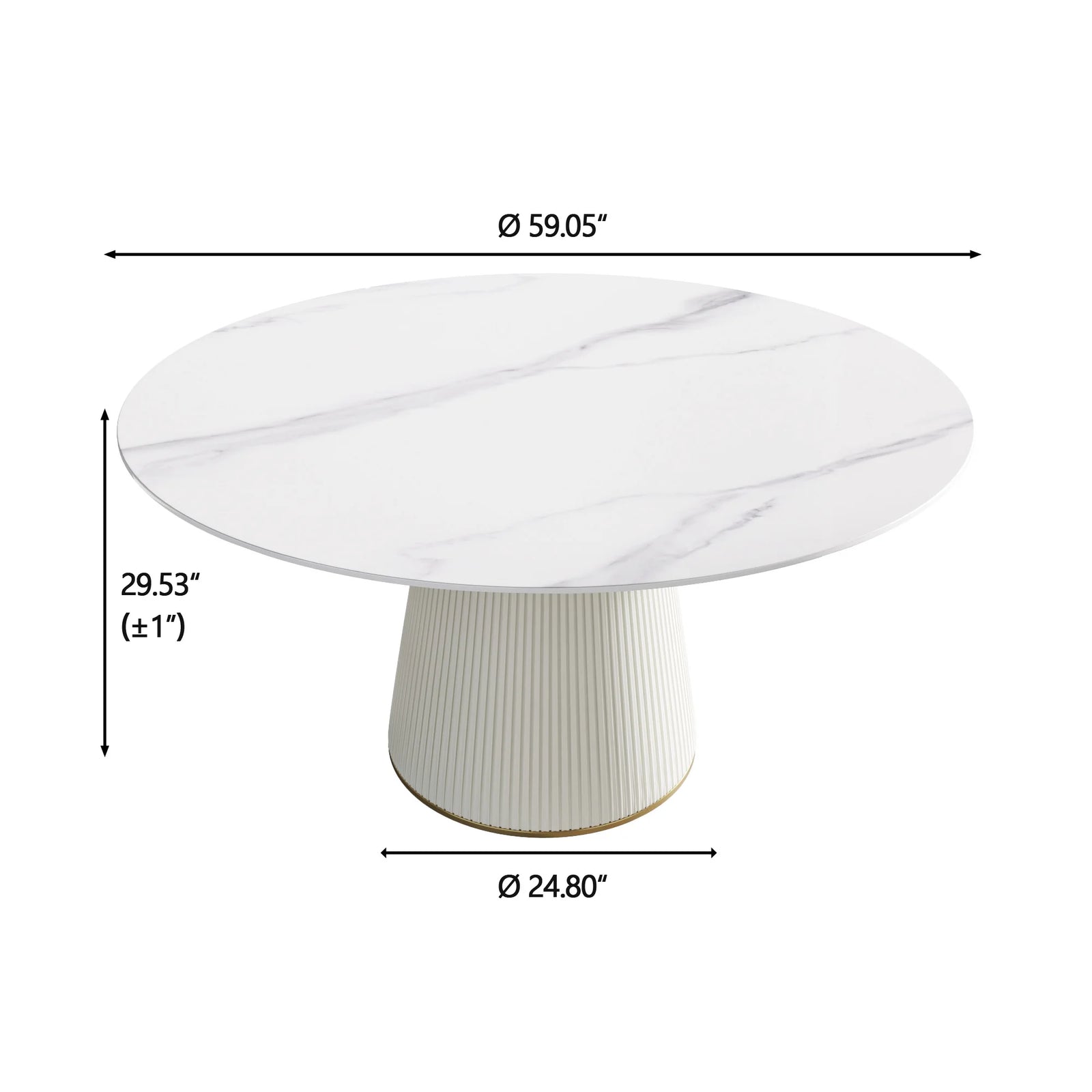 Mesa de comedor Marbella de piedra sinterizada | Redonda de 150 cm (59 pulgadas) en blanco brillante con base revestida de cuero