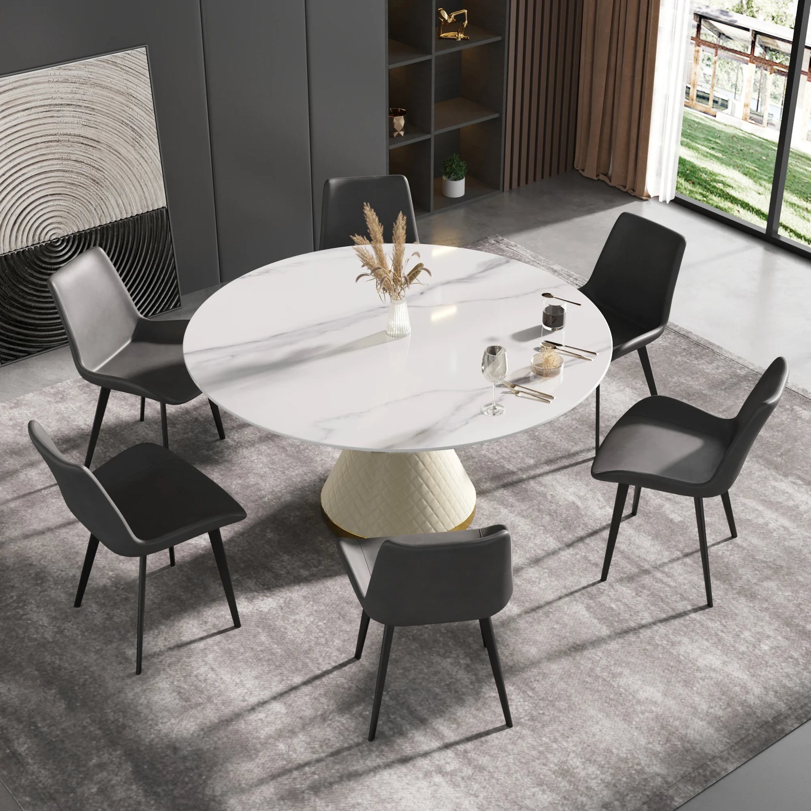 Mesa de comedor Marbella de piedra sinterizada | Redonda de 150 cm (59 pulgadas) en blanco brillante con base revestida de cuero