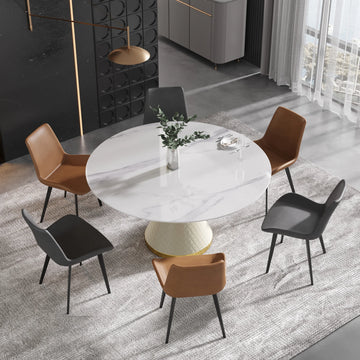 Mesa de comedor Marbella de piedra sinterizada | Redonda de 150 cm (59 pulgadas) en blanco brillante con base revestida de cuero