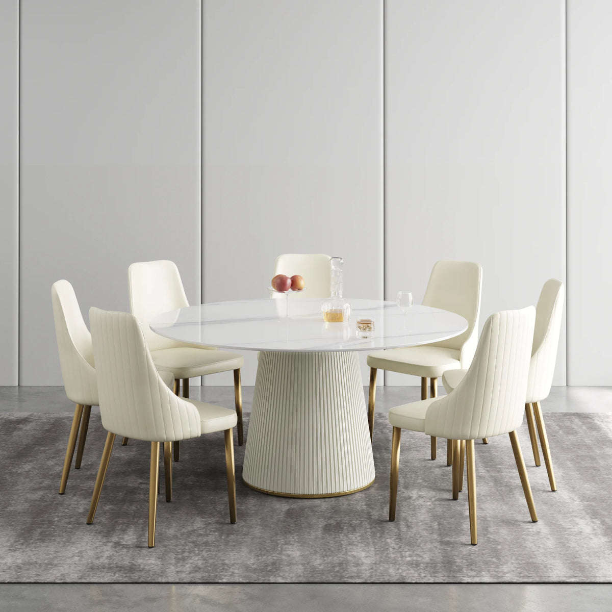 Mesa de comedor Marbella de piedra sinterizada | Redonda de 150 cm (59 pulgadas) en blanco brillante con base revestida de cuero