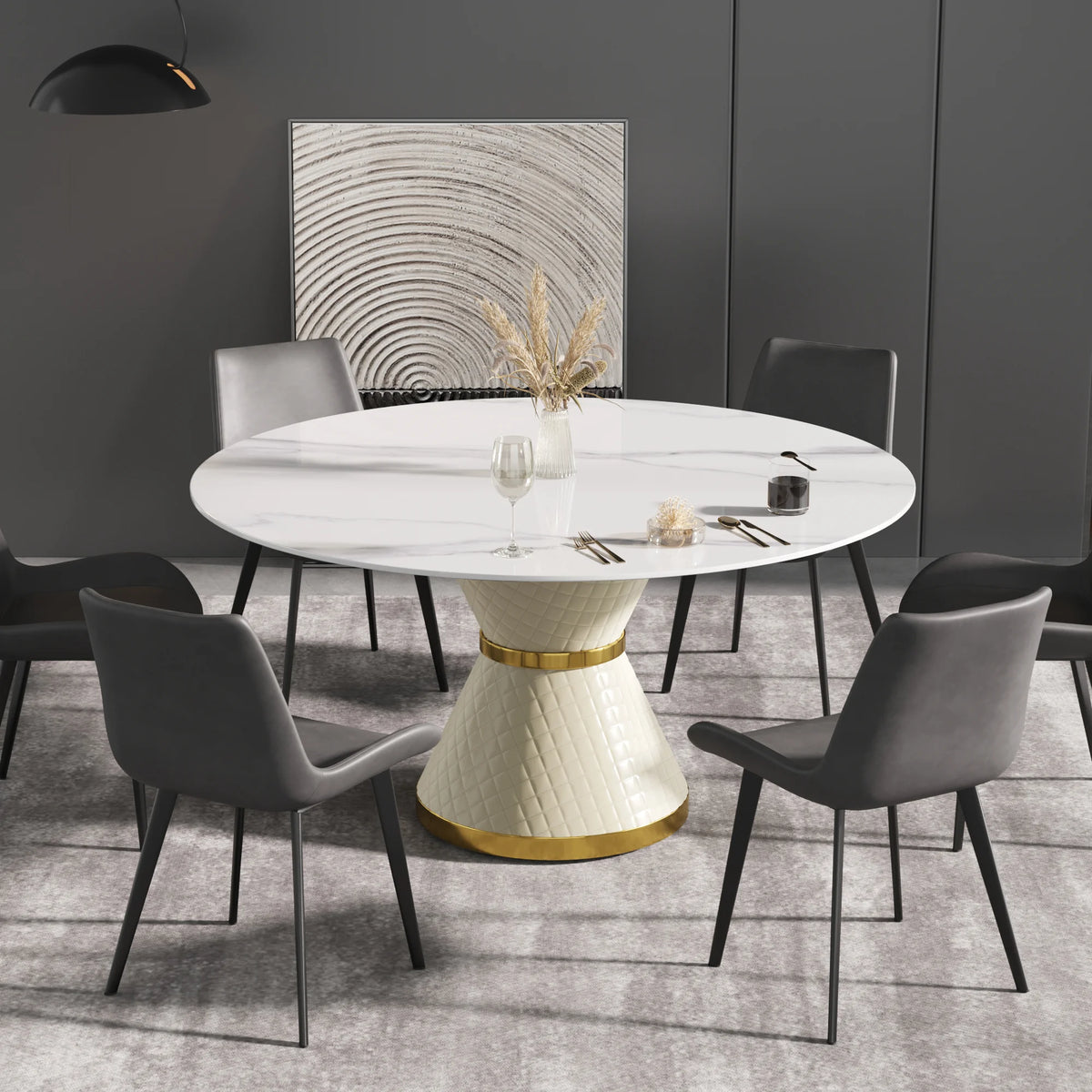 Mesa de comedor Marbella de piedra sinterizada | Redonda de 150 cm (59 pulgadas) en blanco brillante con base revestida de cuero