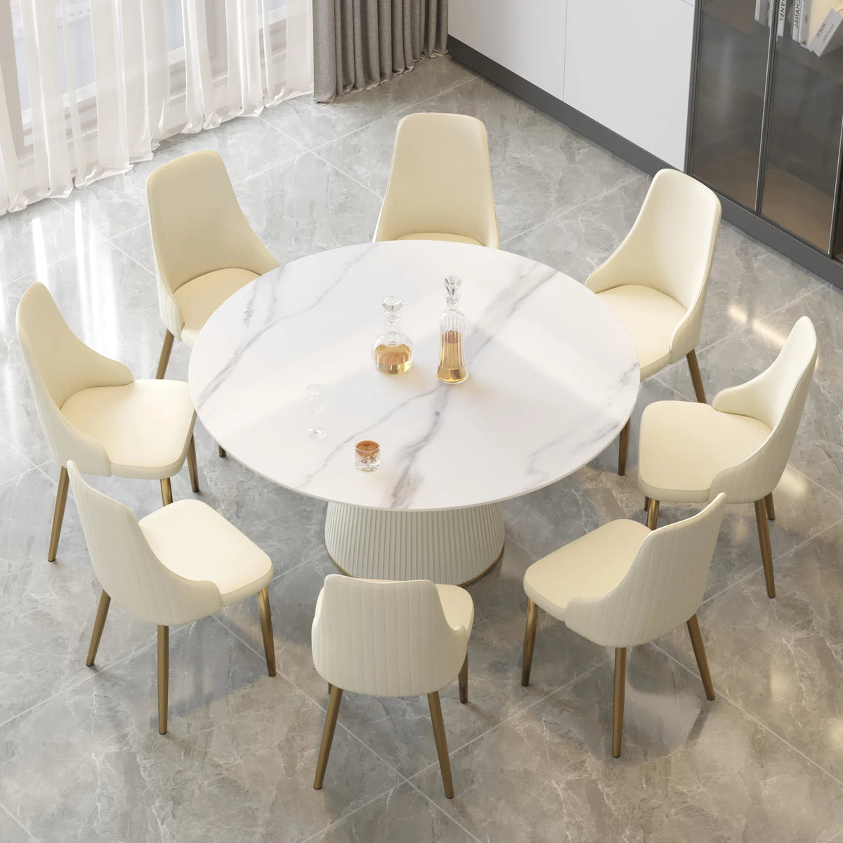 Mesa de comedor Marbella de piedra sinterizada | Redonda de 150 cm (59 pulgadas) en blanco brillante con base revestida de cuero